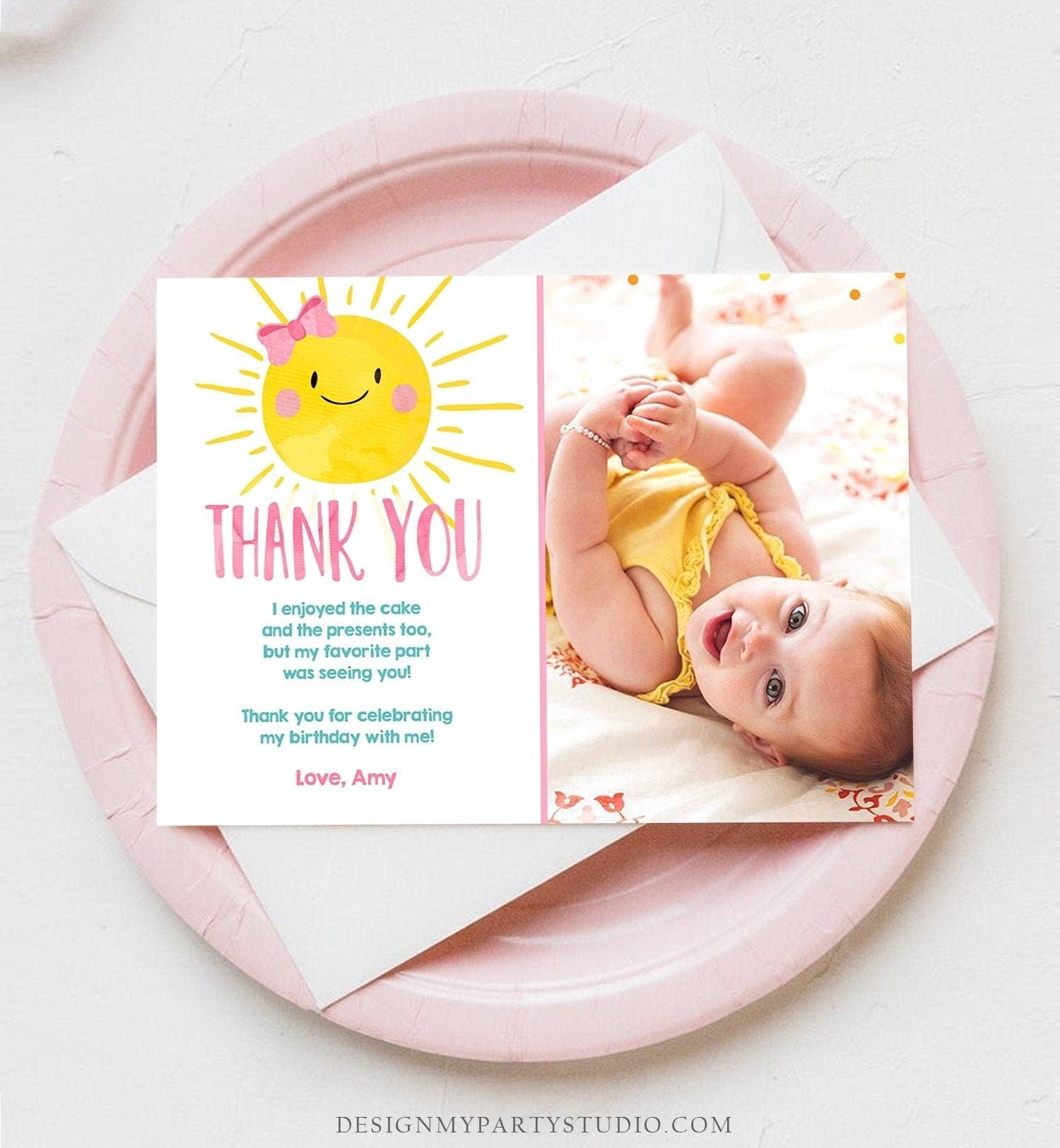 Editable Little Sunshine Thank You Card Birthday Party Pink Girl Bow Baby Shower First Birthday 1st Digital Corjl Template Printable 0141