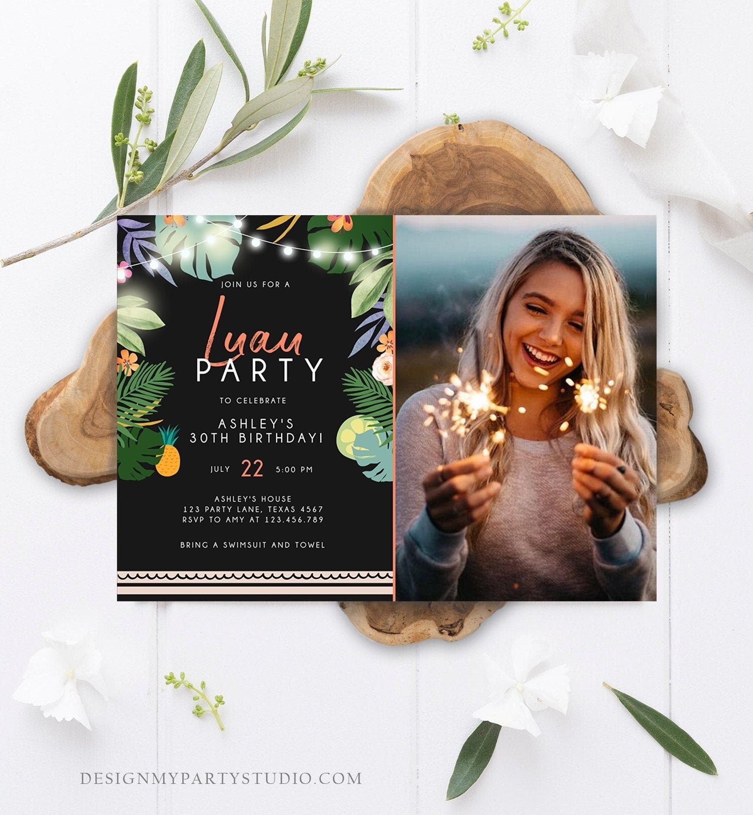 Editable Tropical Luau Birthday Invitation Tropical Party Adult Birthday Man Woman Leaves Hawaiian Download Evite Template Printable 0183