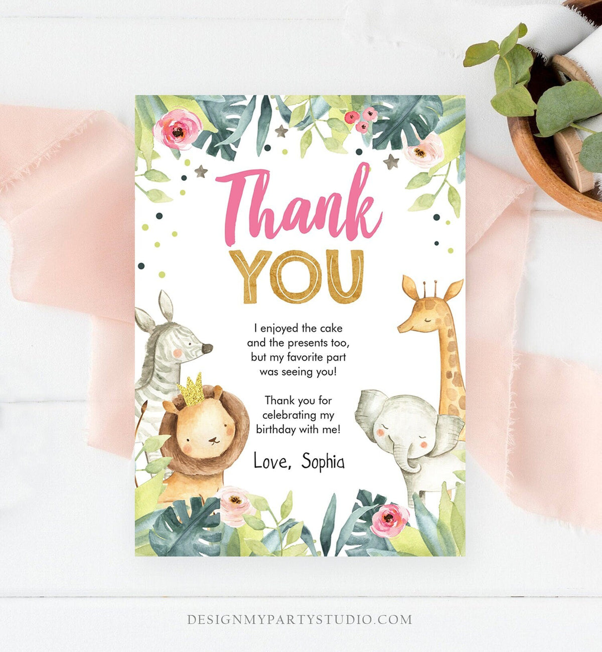 Editable Safari Animals Thank You Card Wild One Two Wild Thank You Note Girl Pink Party Animals Watercolor Digital Template Printable 0163