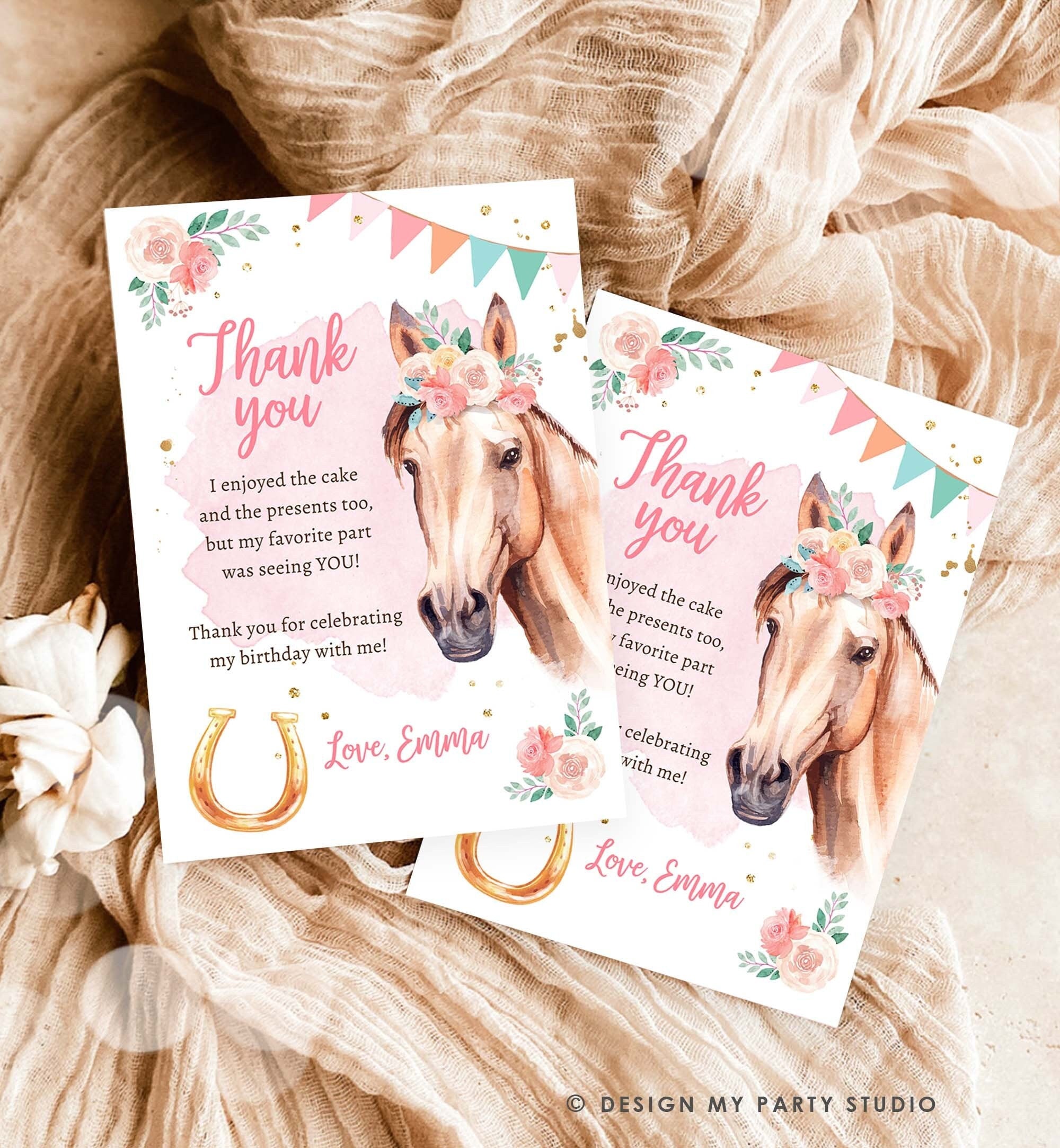 Editable Horse Birthday Thank You Card Card Girl Horse Party Cowgirl Pink Floral Flowers Saddle Up Download Printable Digital Template 0398