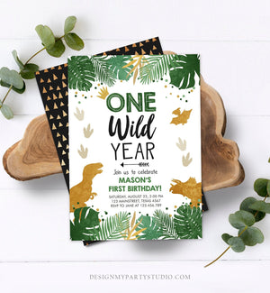 Editable One Wild Year Birthday Invitation Gold Dinosaur Dino Party Boy First Birthday 1st Wild One Party Corjl Template Printable 0146