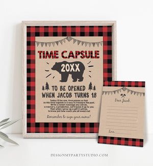 Editable Lumberjack Time Capsule First Birthday Party Game Bear Buffalo Plaid Guestbook Digital Download Corjl Template Printable 0026