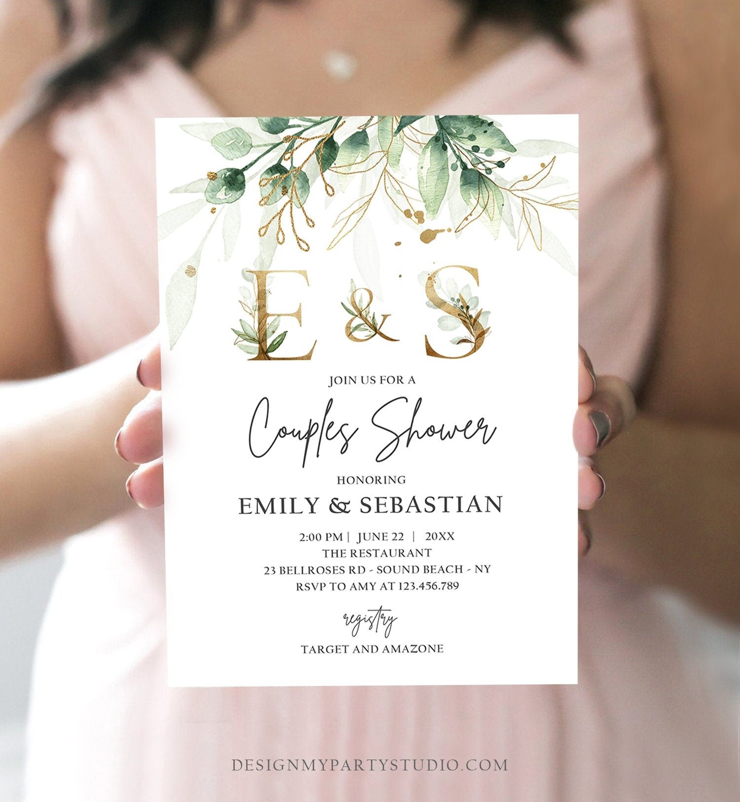 Editable Gold Greenery Monogram Couples Shower Invitation Bohemian Green Floral Gold Bridal Botanical Flower Digital Template Printable 0168