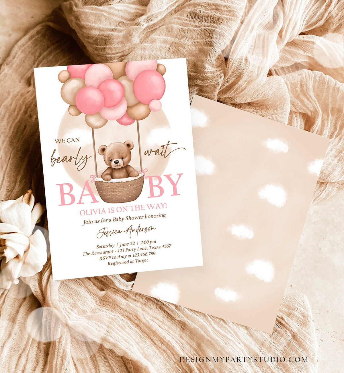 Editable Bear Balloon Baby Shower Invitation We Can Bearly Wait Baby Shower Invite Teddy Bear Boho Girl Pink Digital Download Evite 0498