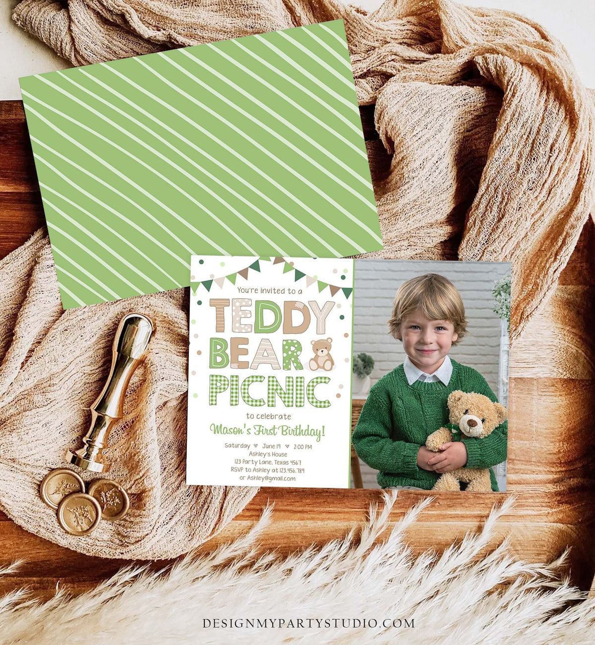 Editable Teddy Bear Picnic Birthday Invitation Green Gingham Boy Bear Picnic Outdoor First Birthday Digital Evite Template Printable 0100