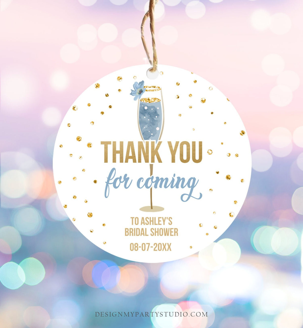 Editable Brunch and Bubbly Thank You Stickers Bubbly Bridal Shower Favor Gift Tags Pastel Blue Gold Floral Digital Template Printable 0150