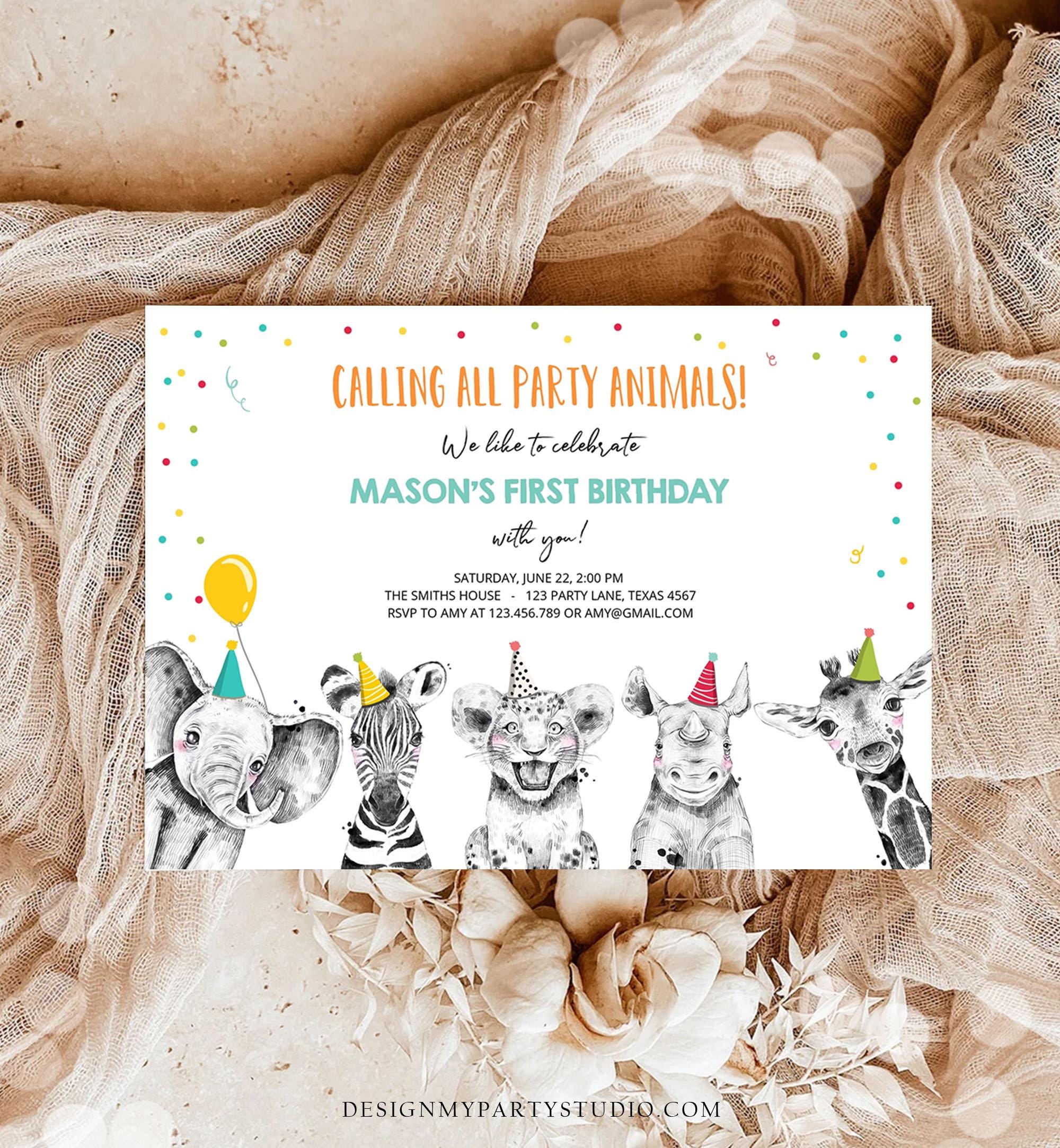 Editable Party Animals Birthday Invitation Wild One Animals Invitation Zoo Safari Animals Boy Instant Download Printable Evite Template 0390