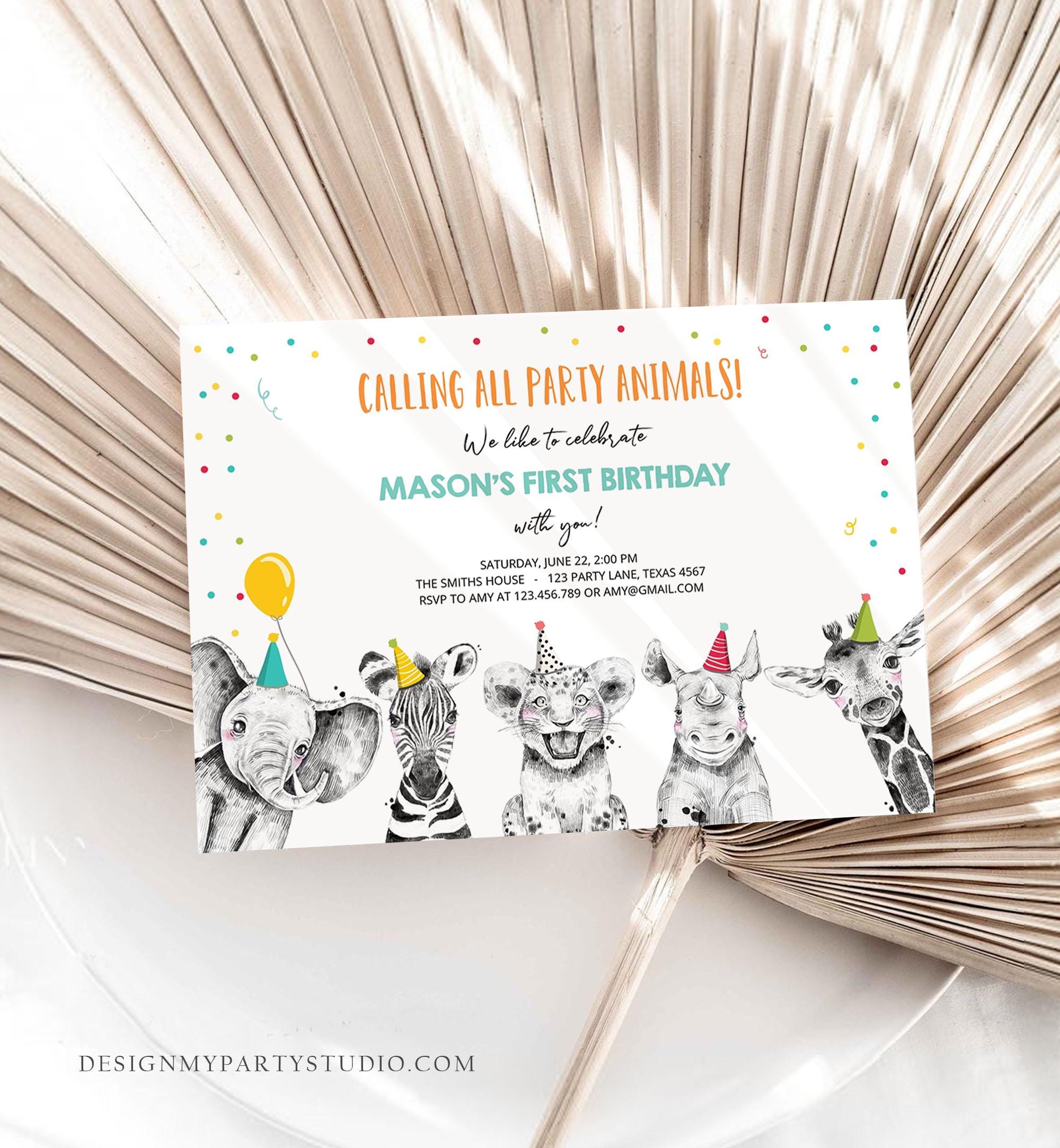 Editable Party Animals Birthday Invitation Wild One Animals Invitation Zoo Safari Animals Boy Instant Download Printable Evite Template 0390