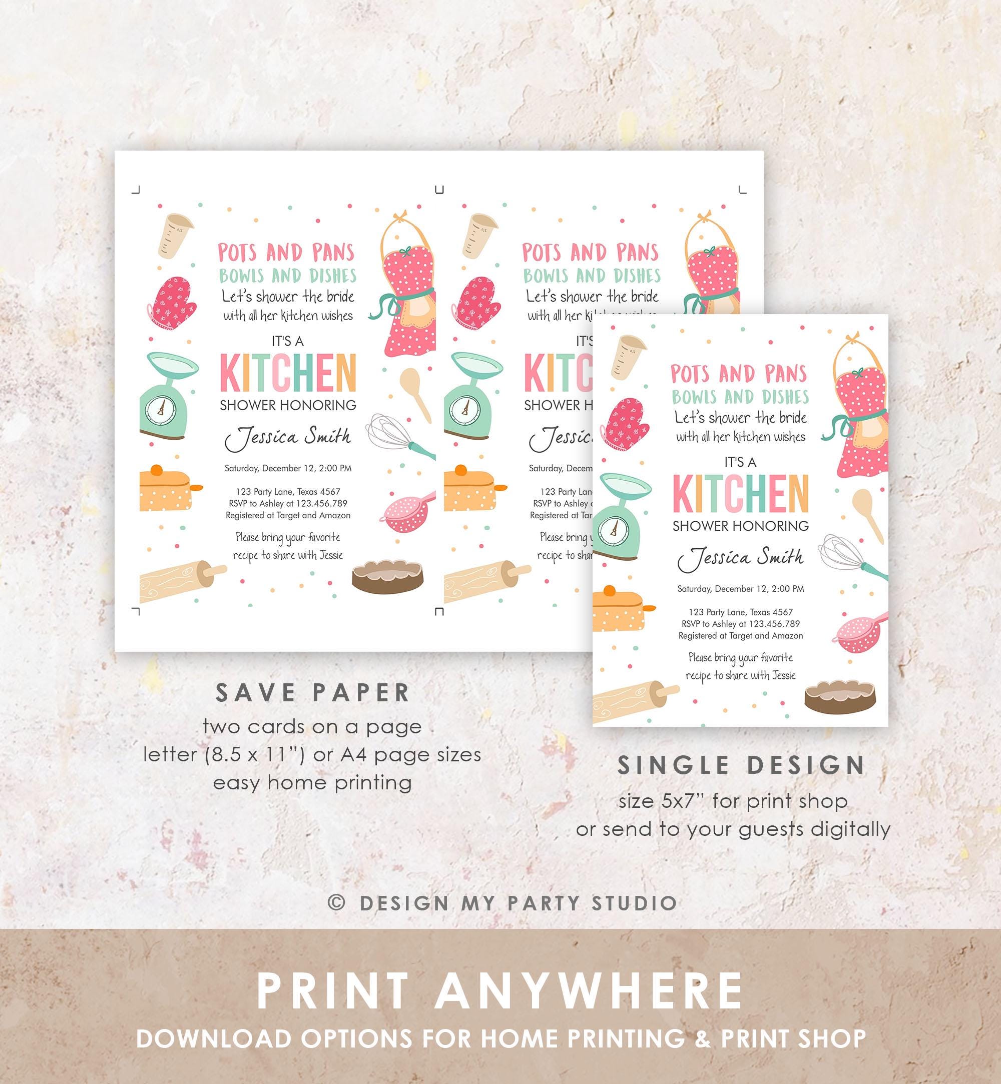 Editable Stock the Kitchen Bridal Shower Invitation Cooking Kitchen Shower Pink Invite Pots and Pans Download Printable Evite Template 0219