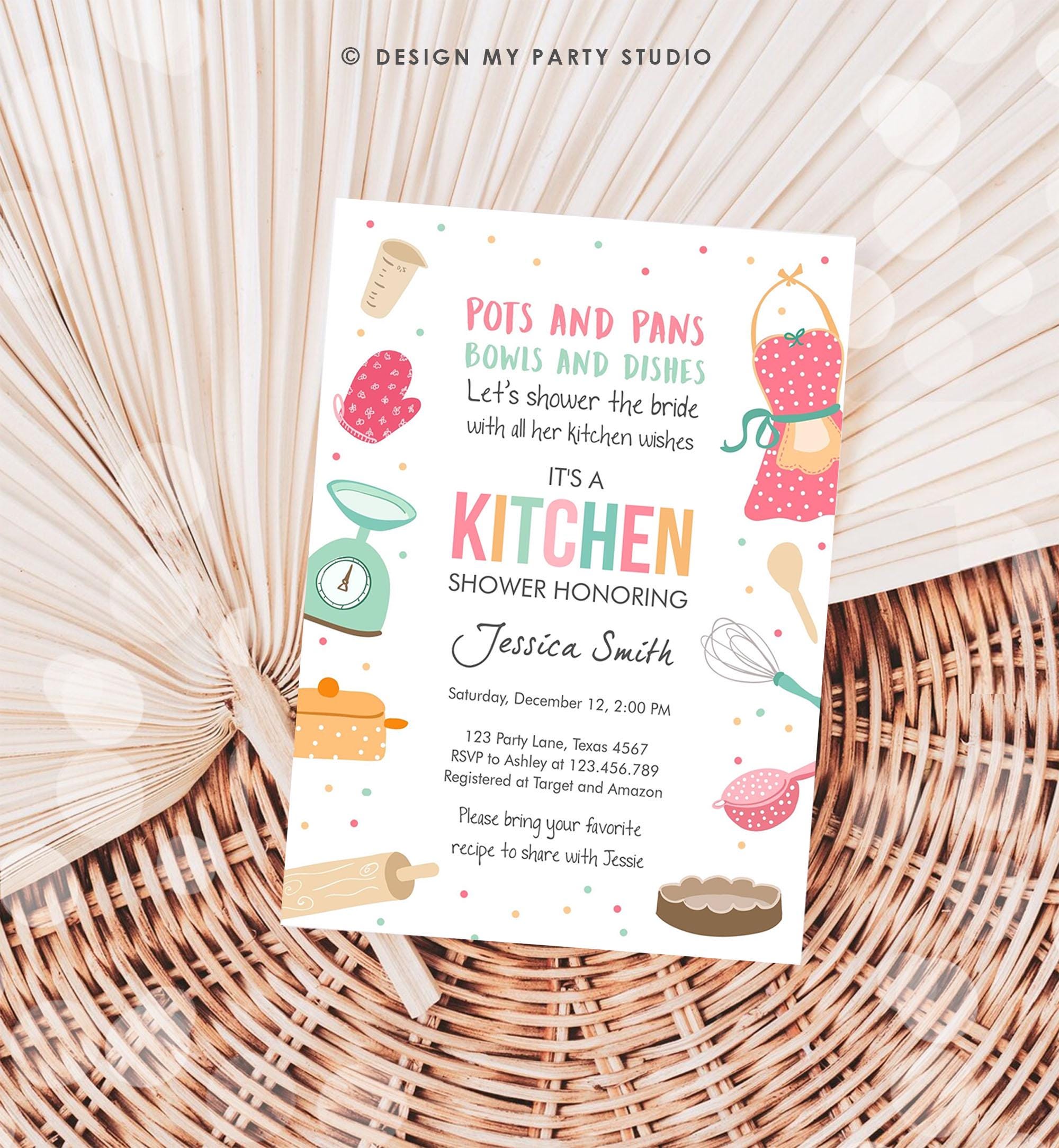 Editable Stock the Kitchen Bridal Shower Invitation Cooking Kitchen Shower Pink Invite Pots and Pans Download Printable Evite Template 0219