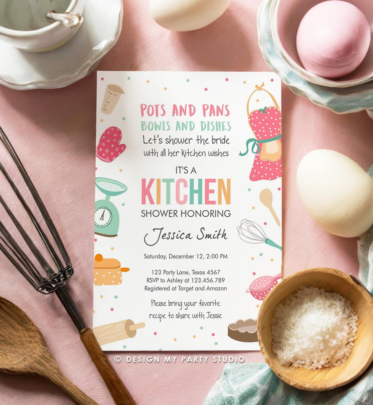 Editable Stock the Kitchen Bridal Shower Invitation Cooking Kitchen Shower Pink Invite Pots and Pans Download Printable Evite Template 0219