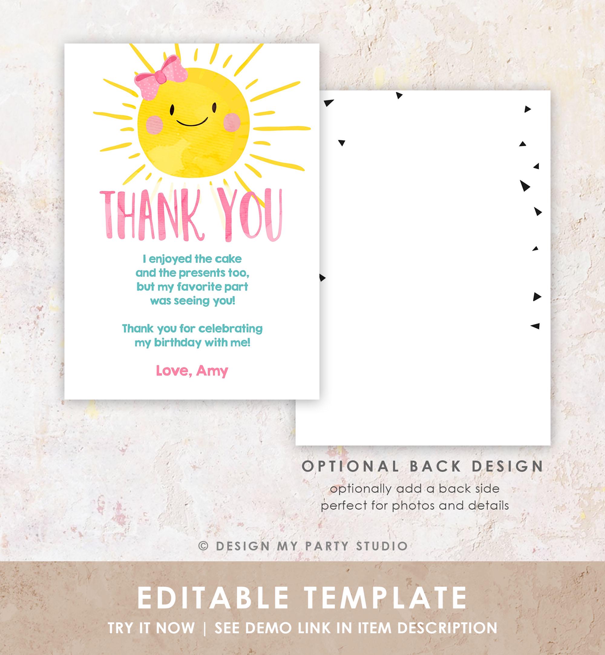 Editable Little Sunshine Thank You Card Birthday Party Pink Girl Around the Sun Baby Shower First Birthday Digital Template Printable 0141