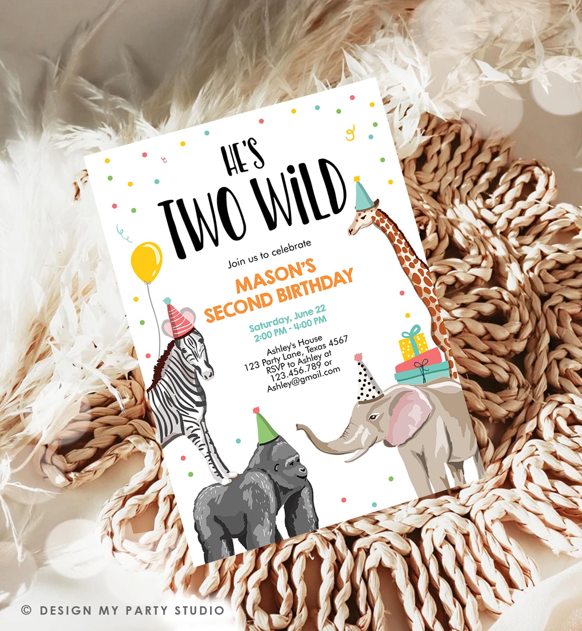 Editable Two Wild Birthday Invitation Safari Animals Party Jungle Zoo Animals Boy Party Animals Download Printable Evite Template 0142