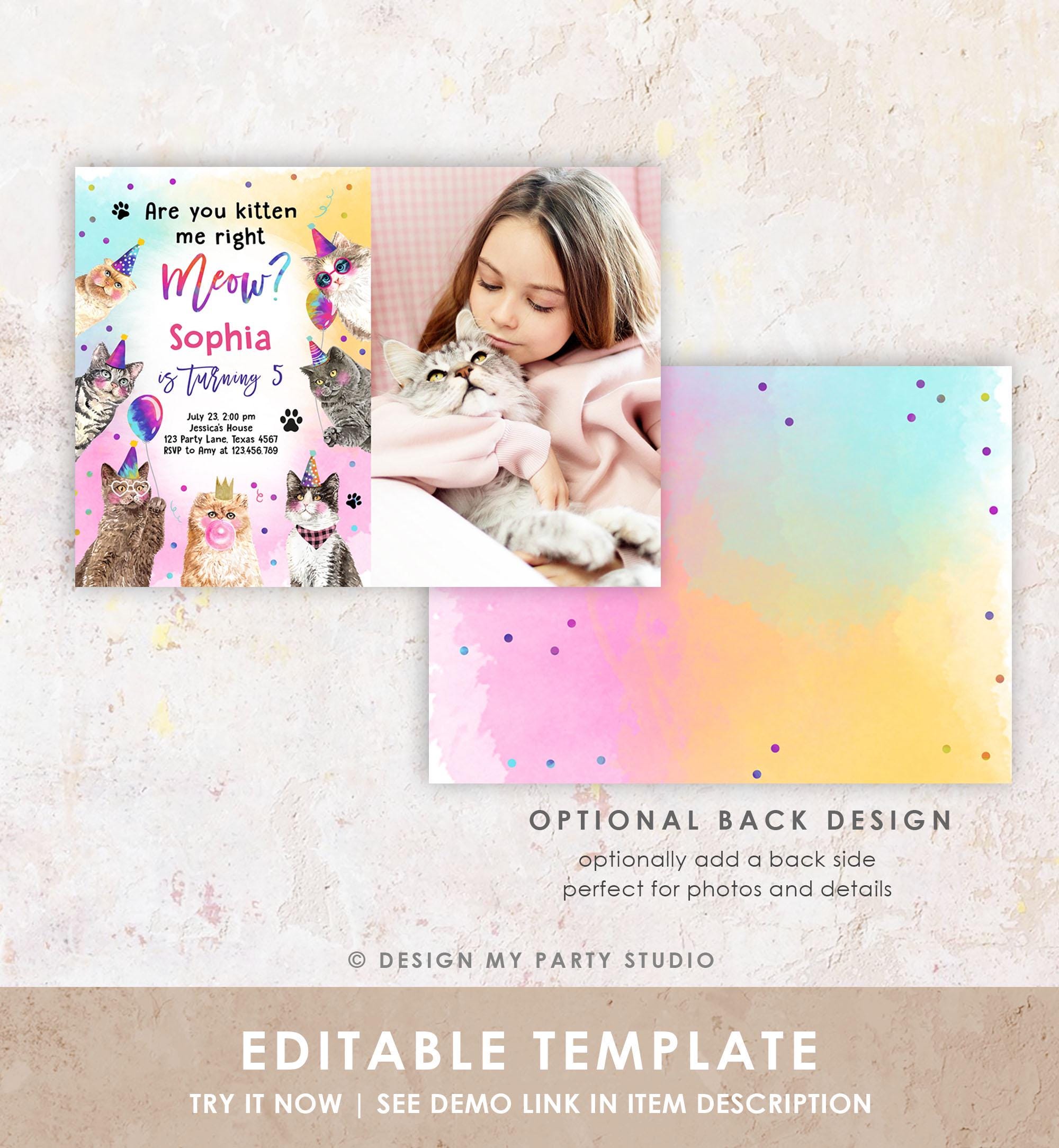 Editable Cat Birthday Party Invitation Kitten Birthday Invite Kitten me Right Meow Invite Party Animals Girl Download Evite Template 0460