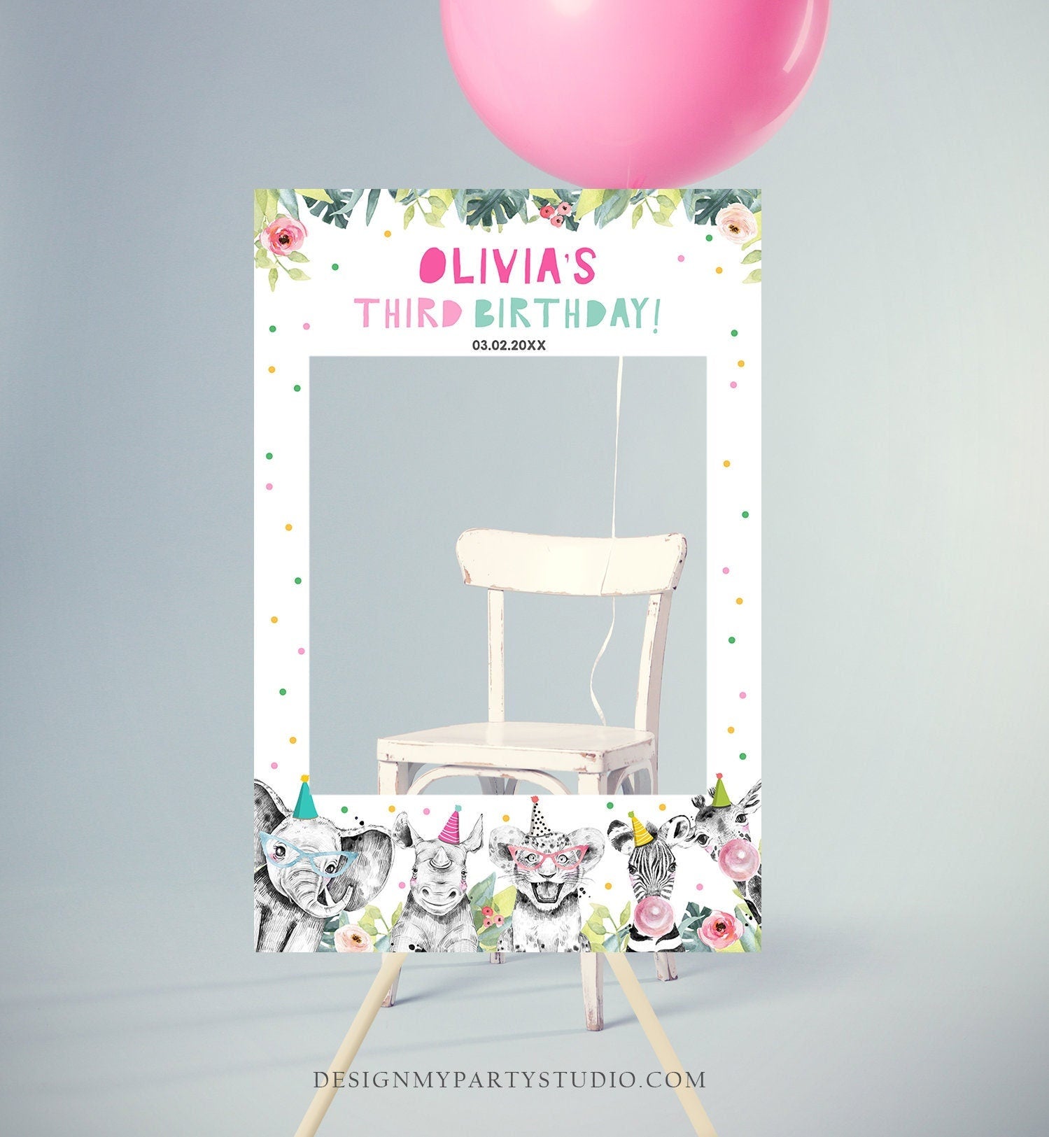 Editable Party Animals Birthday Photo Booth Sign Frame Safari Girl Birthday ANY AGE Party Photo Poster Decor Digital Template Printable 0322