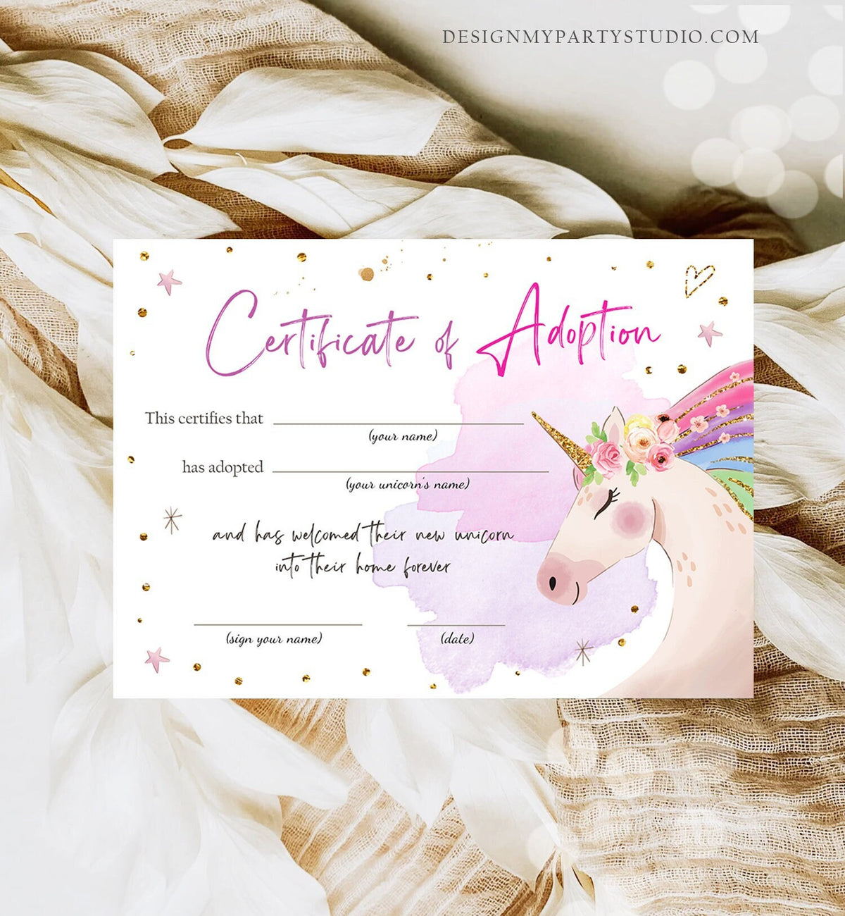 Adopt a Unicorn Certificate Unicorn Adoption Unicorn Birthday Party Magical Birthday Rainbow Girl Instant Download Digital Printable 0411