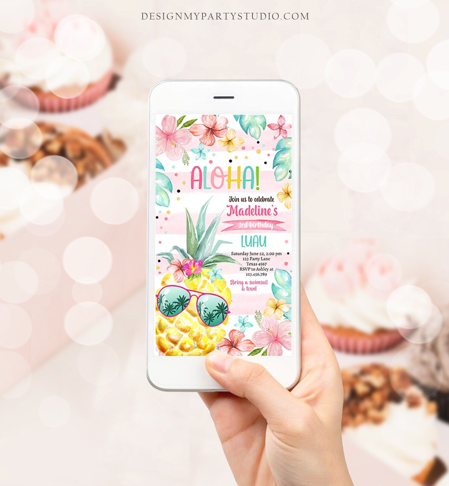 Editable Hawaiian Luau Birthday Evite Pineapple Birthday Pool Party Pink Girl Electronic Phone Download Digital Template Printable 0391