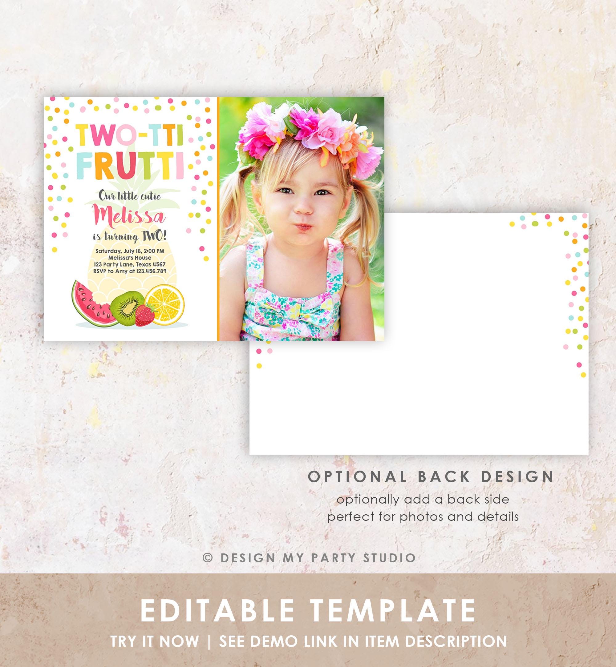 Editable Twotti Frutti 2nd Birthday Invitation Two-tti Fruiti Fruit Invite Tropical Summer Download Printable Template Digital Evite 0139