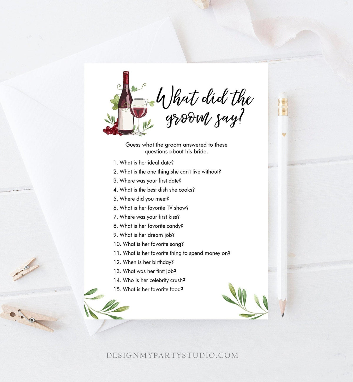 Editable What Did The Groom Say About His Bride Game Bridal Shower Game Wine Tasting Vineyard Grapes Wedding Digital Template Printable 0234