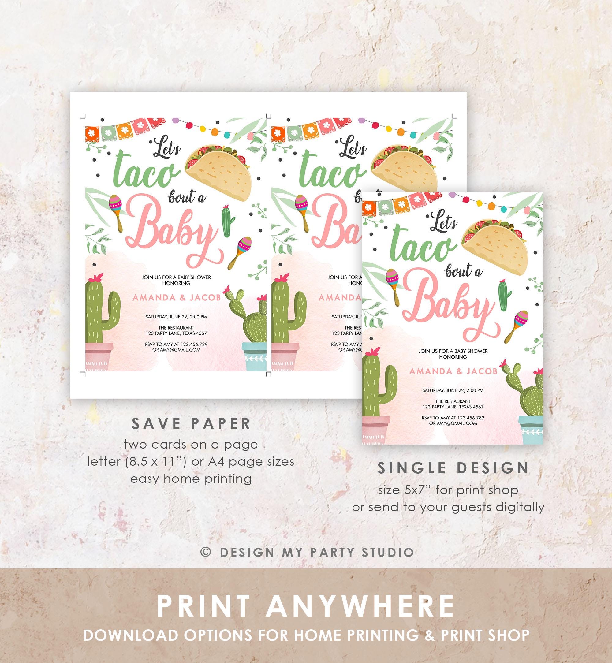 Editable Taco Bout a Baby Shower Invitation Girl Cactus Mexican Fiesta Baby Shower Taco Download Printable Invitation Evite Template 0254