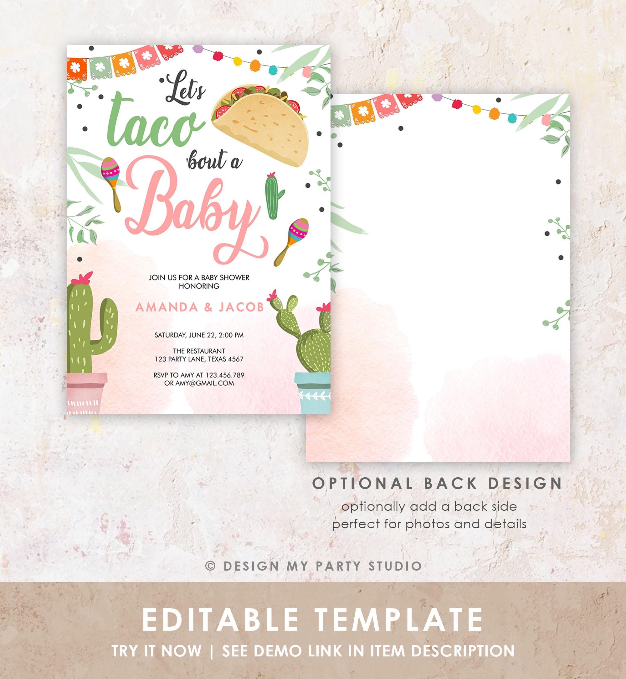 Editable Taco Bout a Baby Shower Invitation Girl Cactus Mexican Fiesta Baby Shower Taco Download Printable Invitation Evite Template 0254