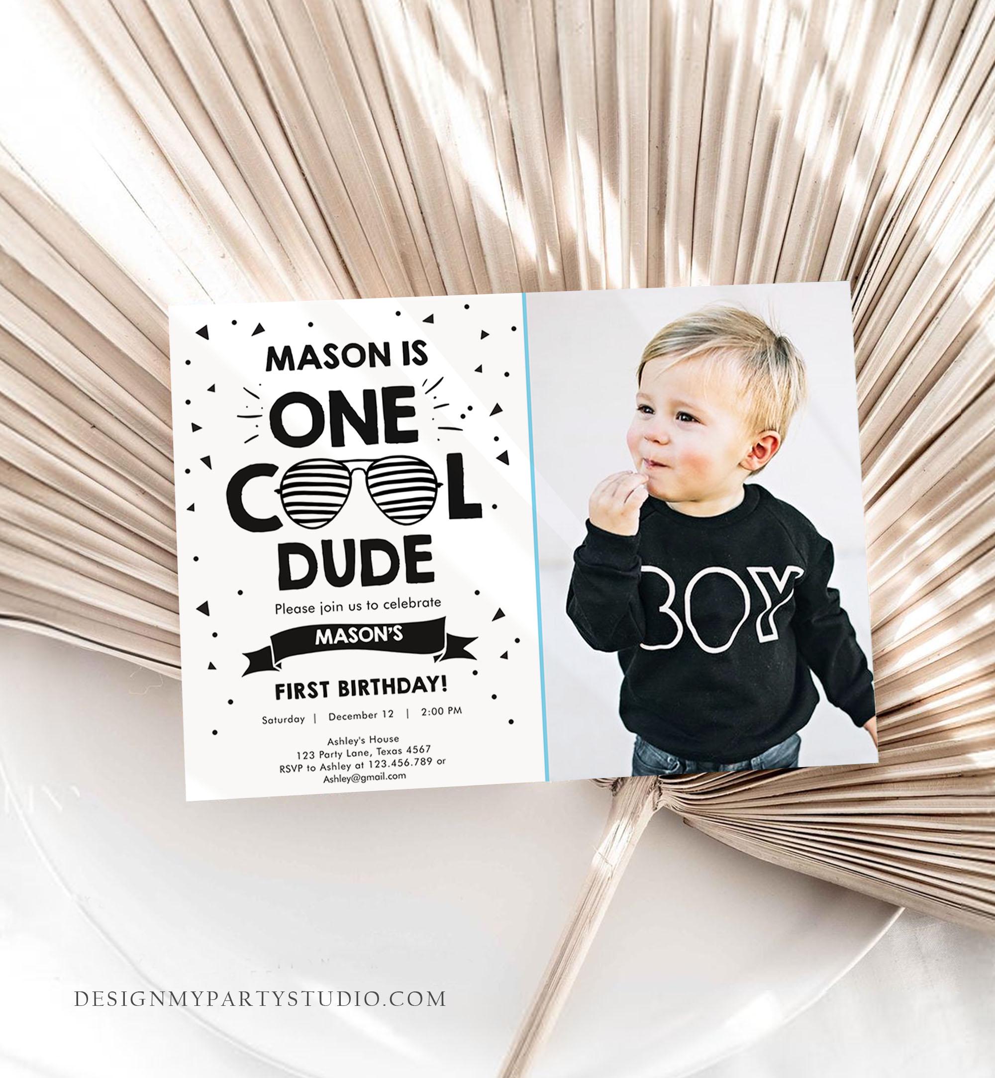 Editable One Cool Dude Birthday Invitation Boy First Birthday 1st Party Sunglasses Striped Pool Cool One Printable Digital Template 0136