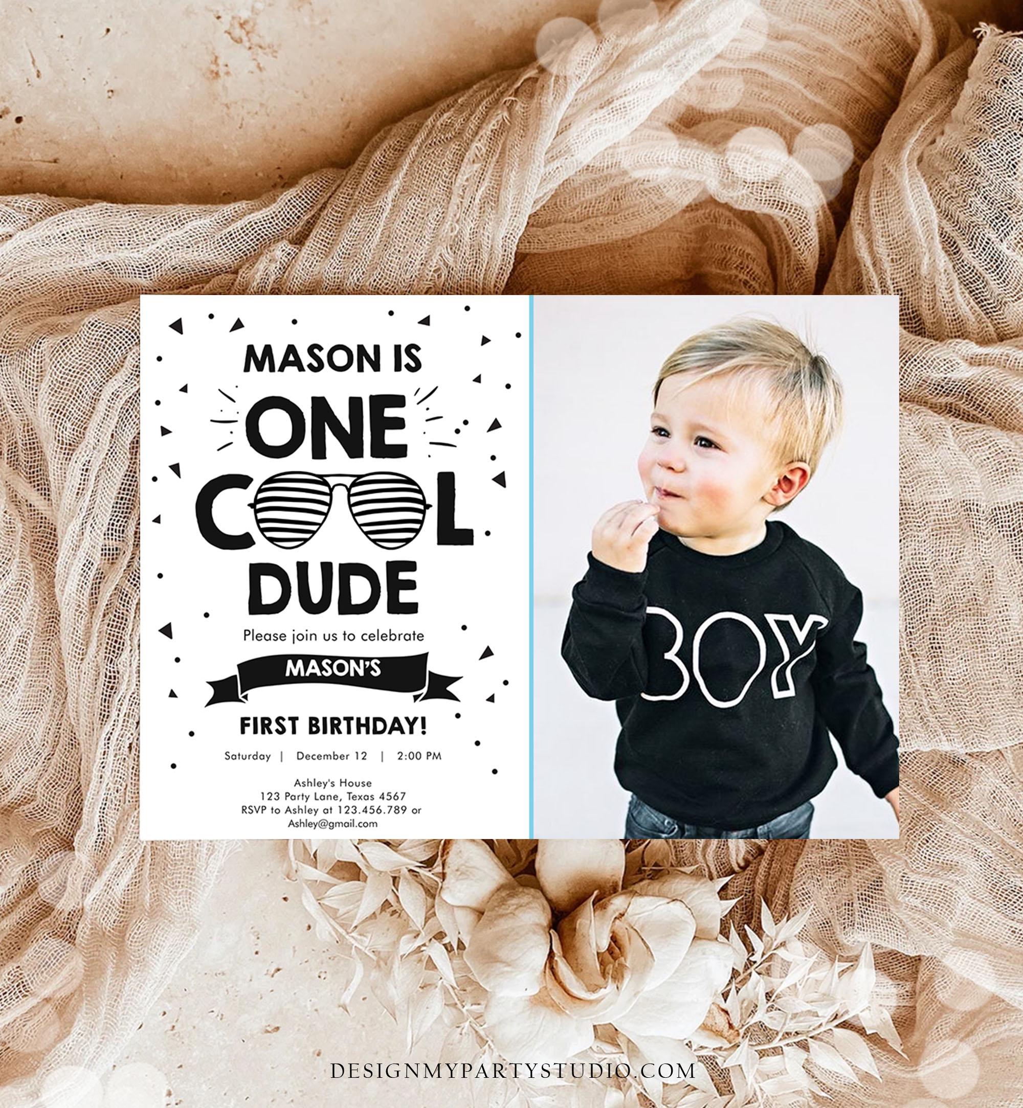 Editable One Cool Dude Birthday Invitation Boy First Birthday 1st Party Sunglasses Striped Pool Cool One Printable Digital Template 0136