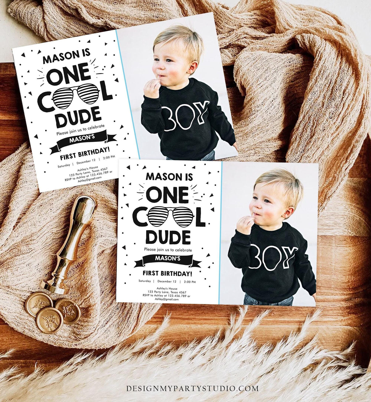 Editable One Cool Dude Birthday Invitation Boy First Birthday 1st Party Sunglasses Striped Pool Cool One Printable Digital Template 0136