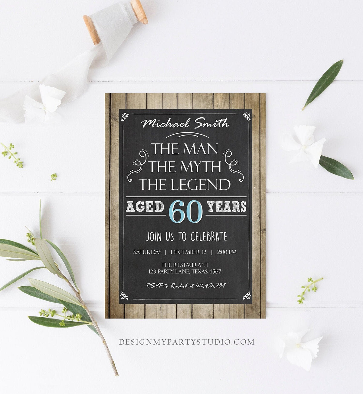 Editable The Man The Myth The Legend Birthday Invitation Man Men Adult Birthday Wood Rustic Chalk Download Evite Template Printable 0101