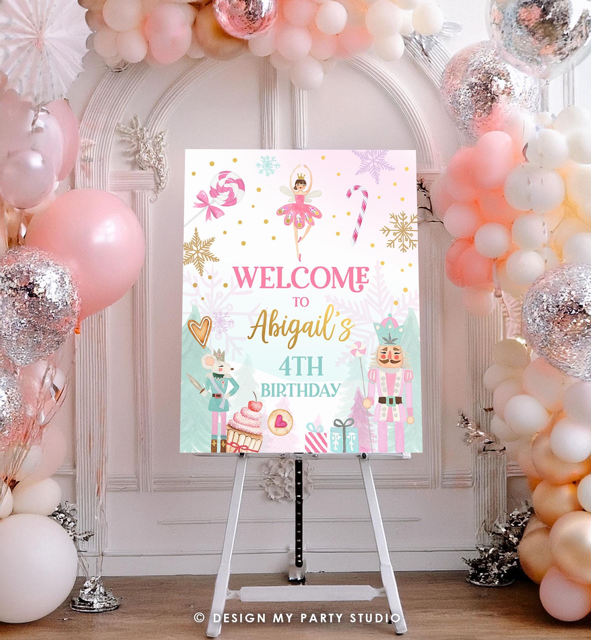 Editable Nutcracker Birthday Welcome Sign Winter Birthday Girl Land of Sweets Christmas Holiday Pink Gold Template PRINTABLE Corjl 0352