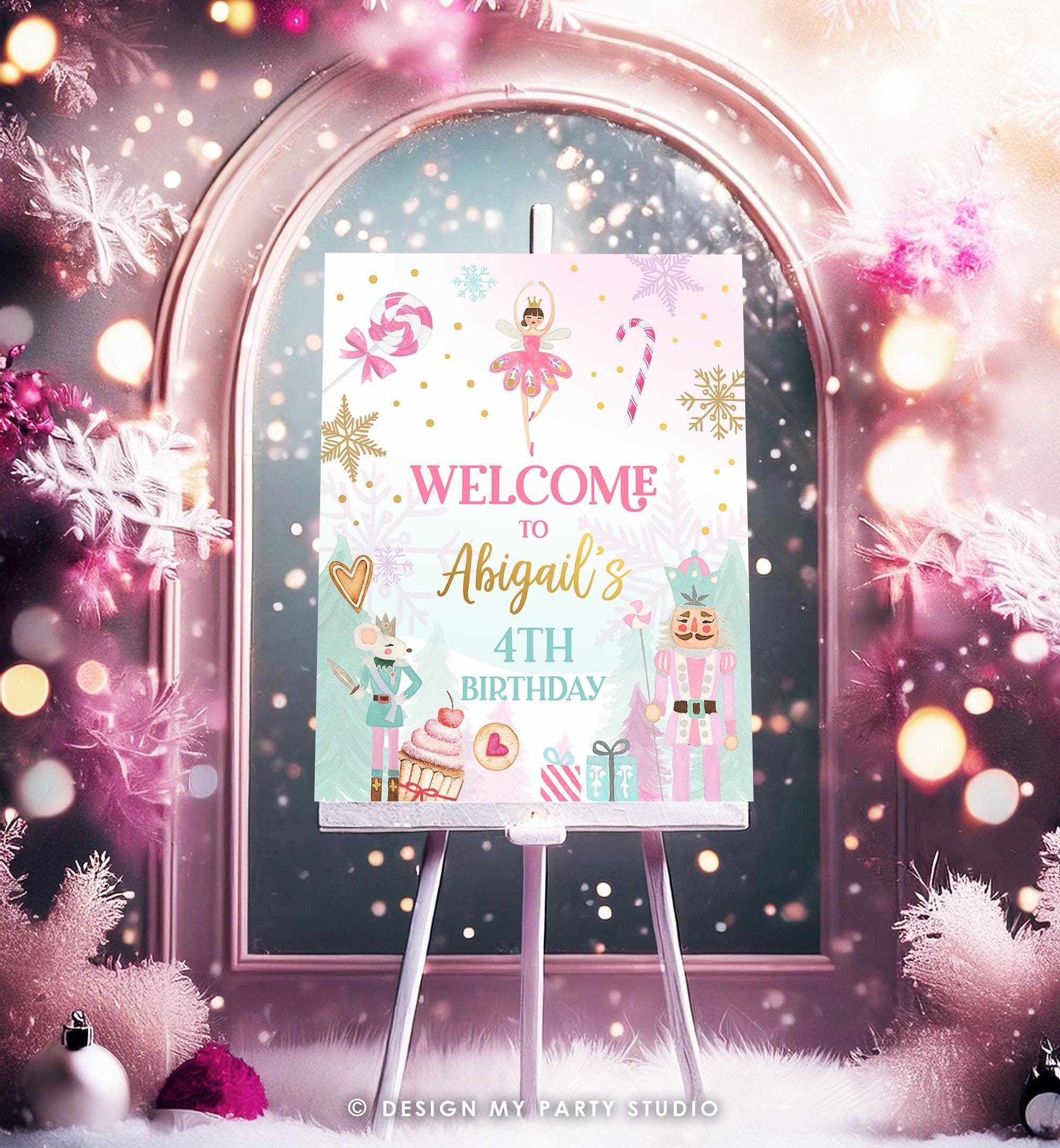 Editable Nutcracker Birthday Welcome Sign Winter Birthday Girl Land of Sweets Christmas Holiday Pink Gold Template PRINTABLE Corjl 0352