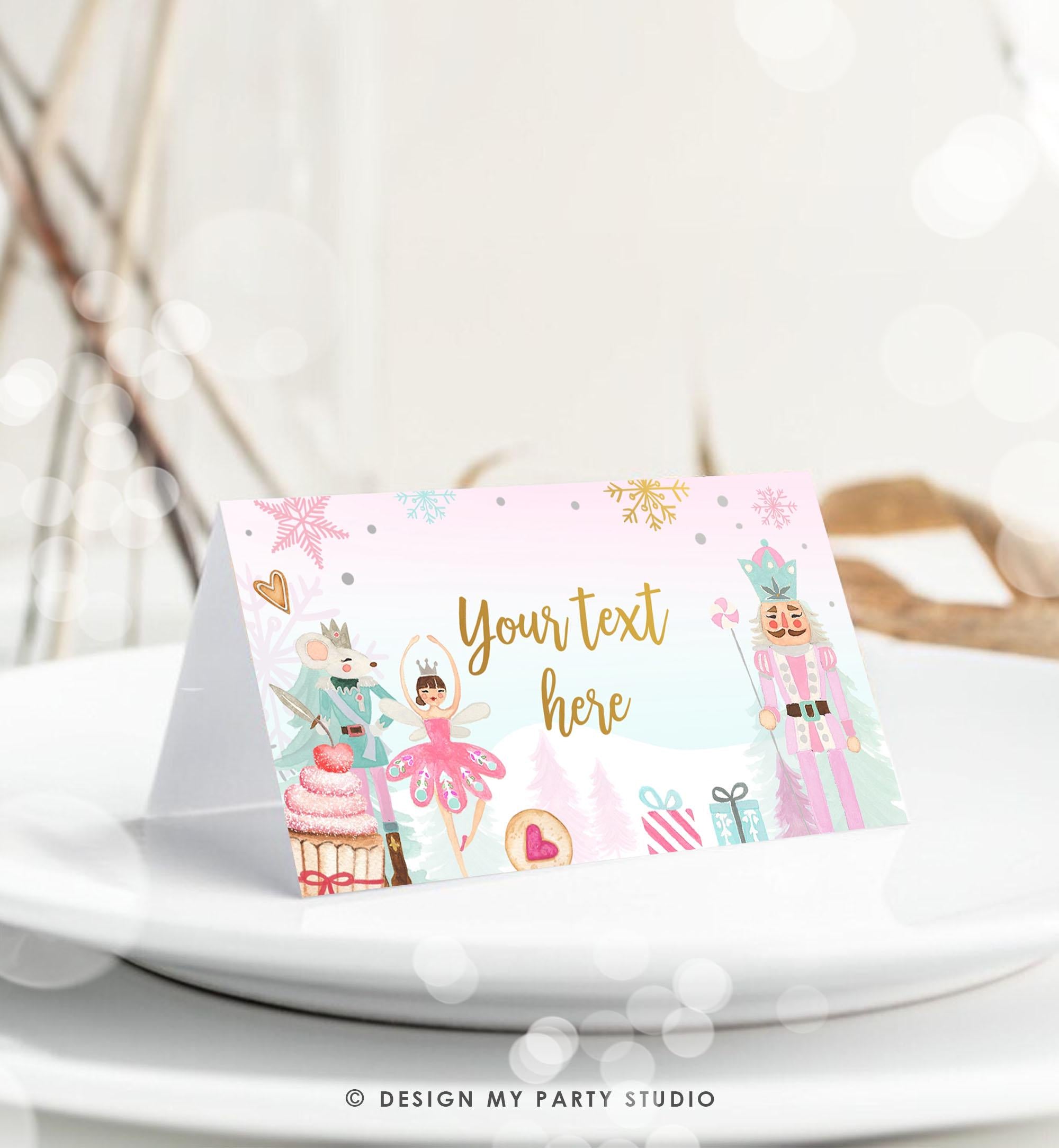 Editable Nutcracker Birthday Food Tent Cards Pink Gold Labels Girl Winter Party Place Cards Land of Sweets Printable Template Corjl 0352