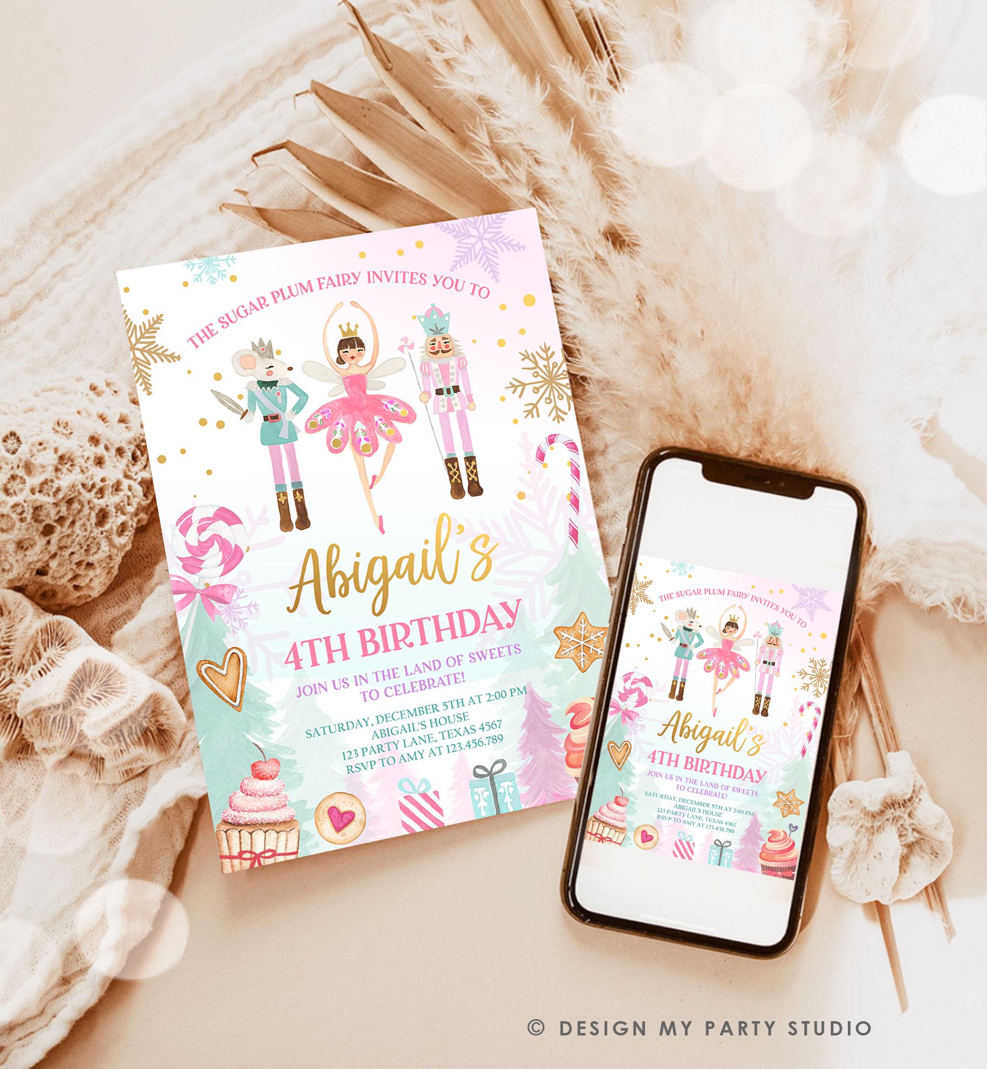 Editable Nutcracker Birthday Invitation Girl Land of Sweets Invite Winter Gold Girl Sugar Plum Fairy Download Printable Template Corjl 0352