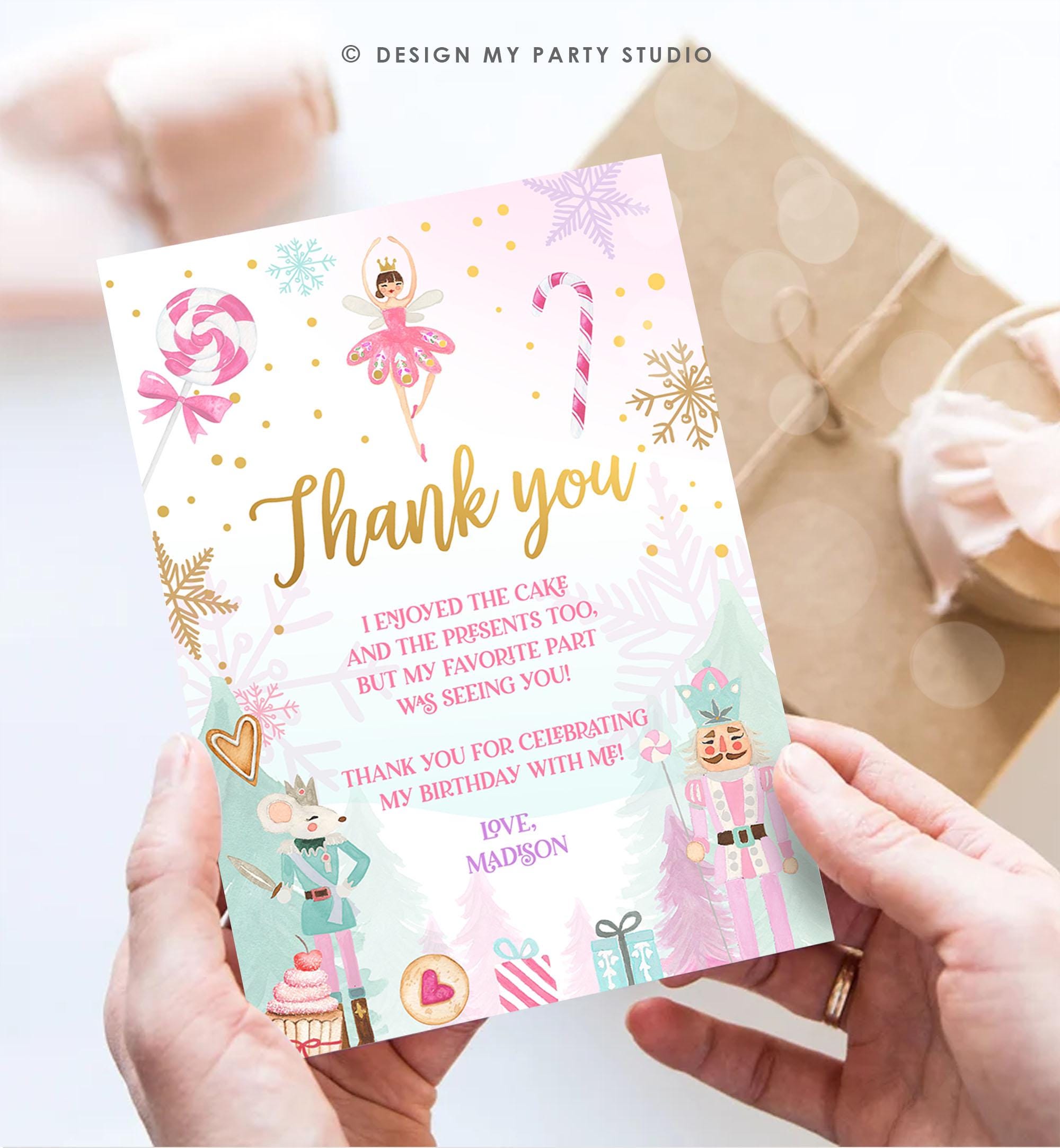 Editable Nutcracker Thank You Card Girl Land of Sweets Winter Pink Girl Sugar Plum Fairy Digital Download Template Printable 0352