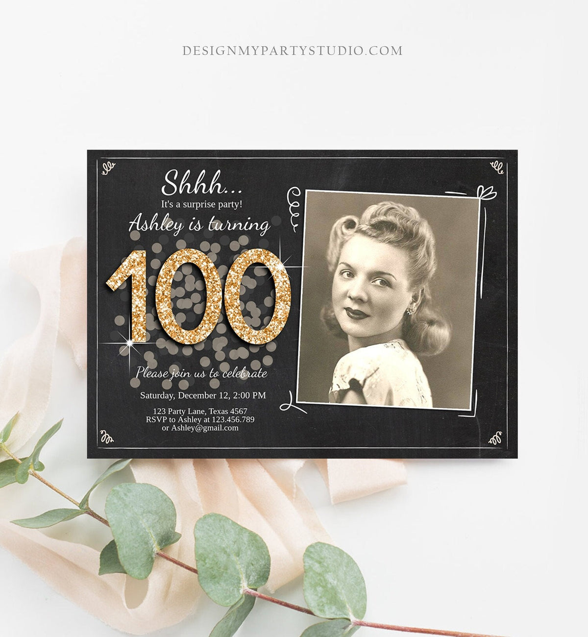 Editable ANY AGE Surprise Birthday Invitation Adult 100th Party Rustic Boho Black Gold Glitter Photo Download Printable Evite Template 0103