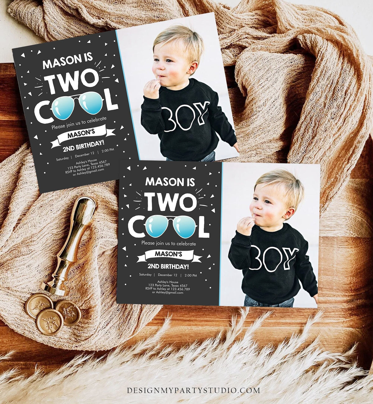 Editable Two Cool Birthday Invitation Boy Second Birthday Party 2nd I&#39;m Two Cool Pilot Sunglasses Photo Printable Phone Evite Template 0136