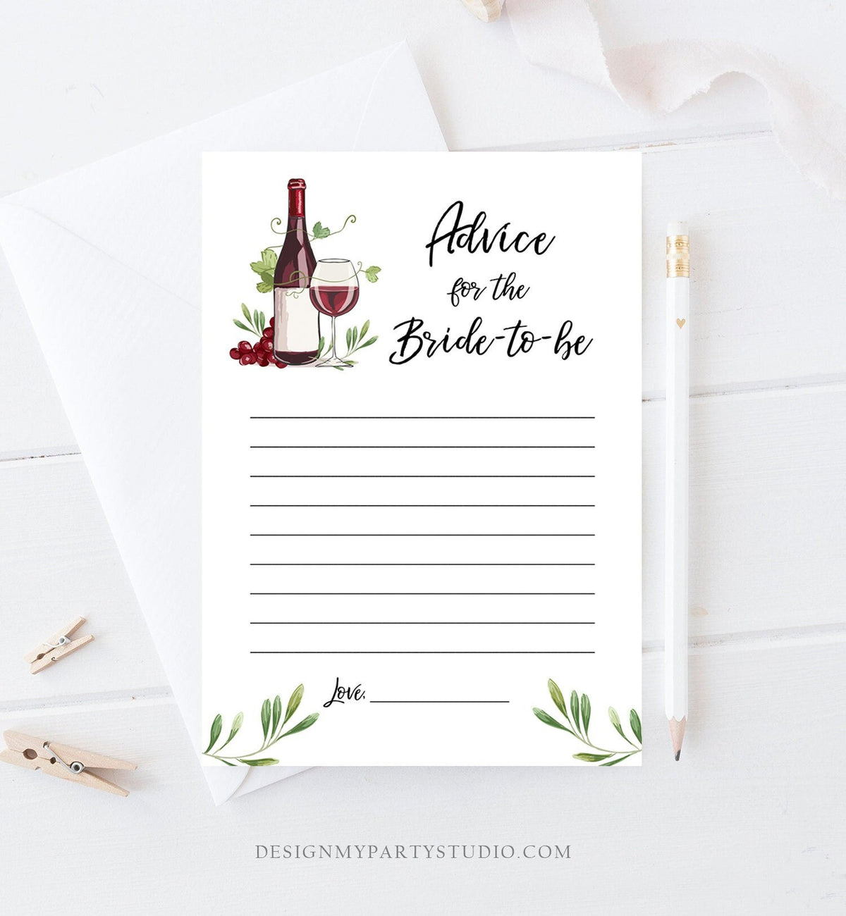 Editable Advice for the Bride-to-be Card Words of Wisdom Wine Grapes Vineyard Shower Game Wine Bottle Glass Corjl Template Printable 0234