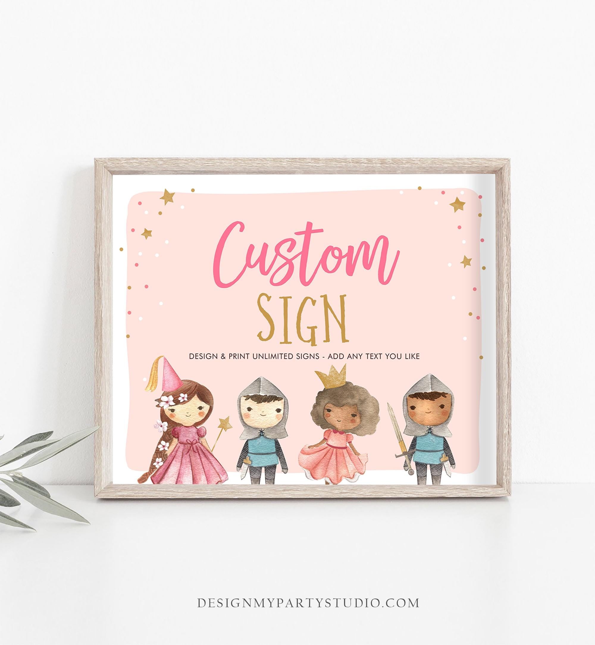 Editable Princess and Knights Custom Sign Princess Knights Birthday Party Pink Gold Boy Girl Decorations Download Template Printable 0171