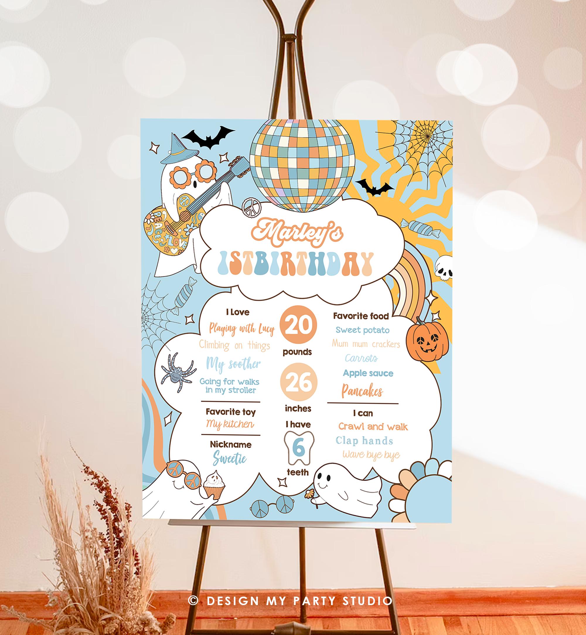 Editable Groovy Retro Halloween Birthday Milestones Sign Boy Rainbow Spooky Flower Power 70's Sun 1st Party Digital Template Printable 0471