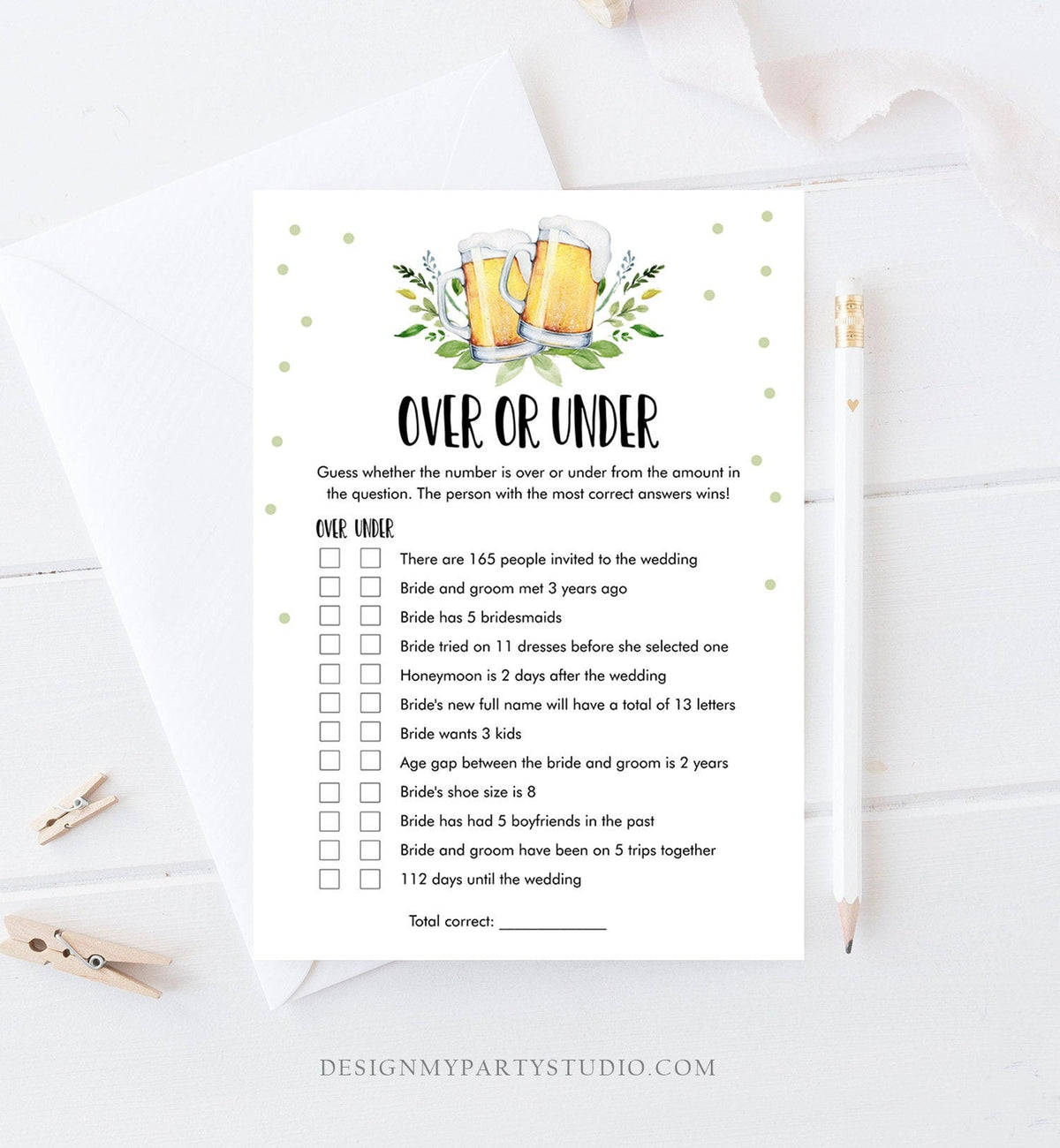 Editable Over or Under Bridal Shower Game Love is Brewing Greenery Beer Rustic Couples Wedding Activity Digital Template Printable 0190