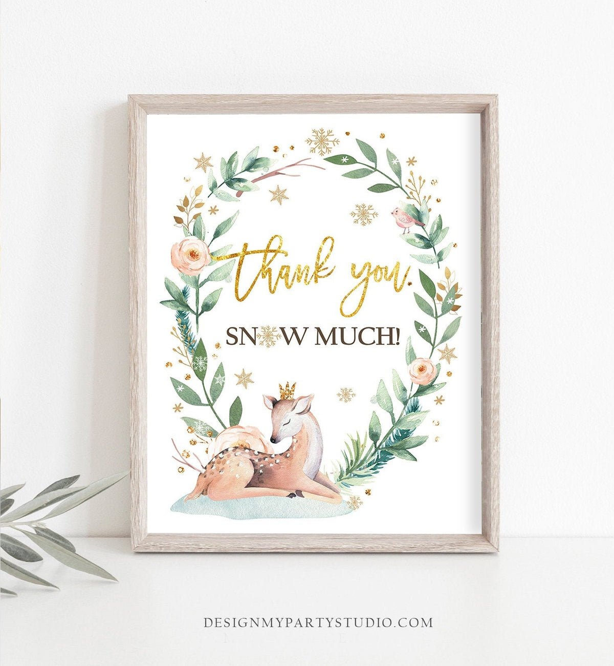 Thank You Snow Much Sign Deer Winter Onederland First Birthday Party Wonderland Girl Pink Gold Table Hot Drinks Download Printable 0265