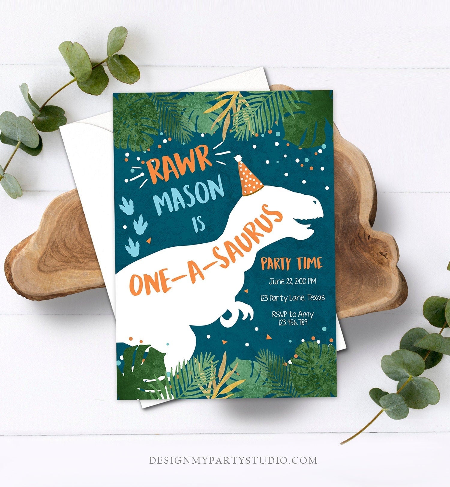 Editable One-A-Saurus Dinosaur Birthday Invitation Dino T-Rex Boy First Birthday 1st RAWR ROAR Blue Orange Prehistoric Digital Template 0378