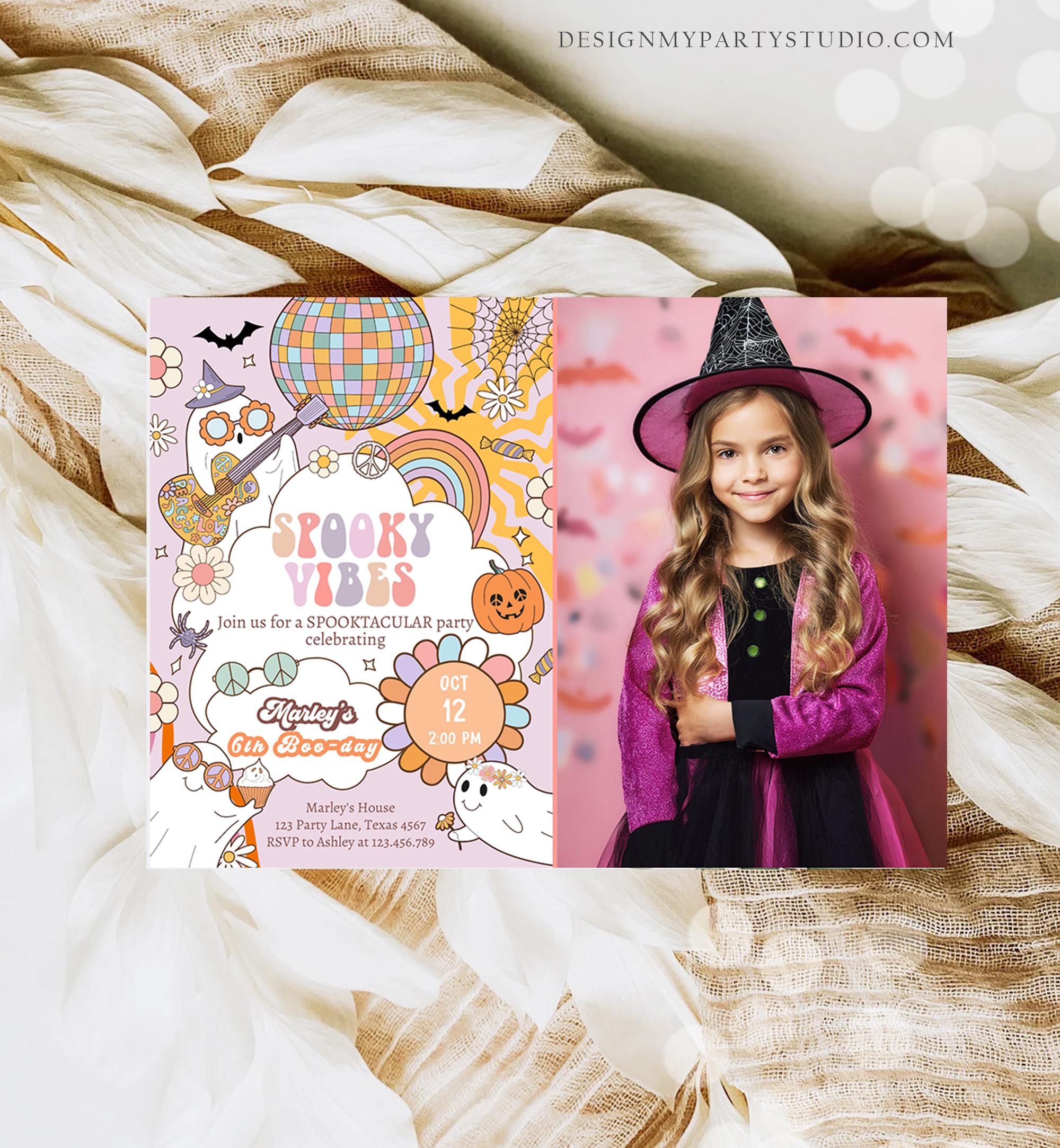 Editable Groovy Halloween Birthday Invitation Pink Spooky Vibes Ghost Party Girl Spooktacular Digital Download Evite Template Printable 0471