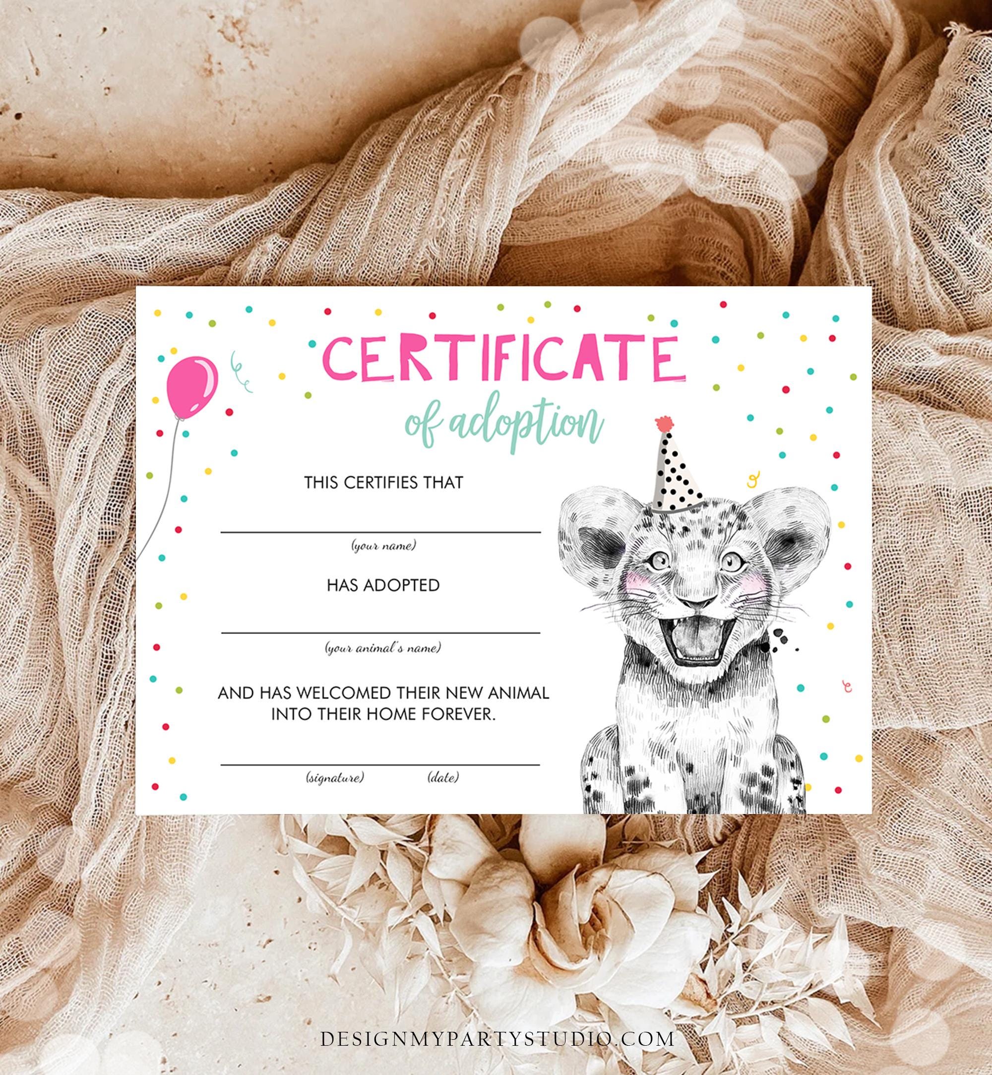 Tiger Cub Adoption Certificate Safari Animals Adopt an Animals Wild One Birthday Party Animals Birthday Girl Download Digital Printable 0390