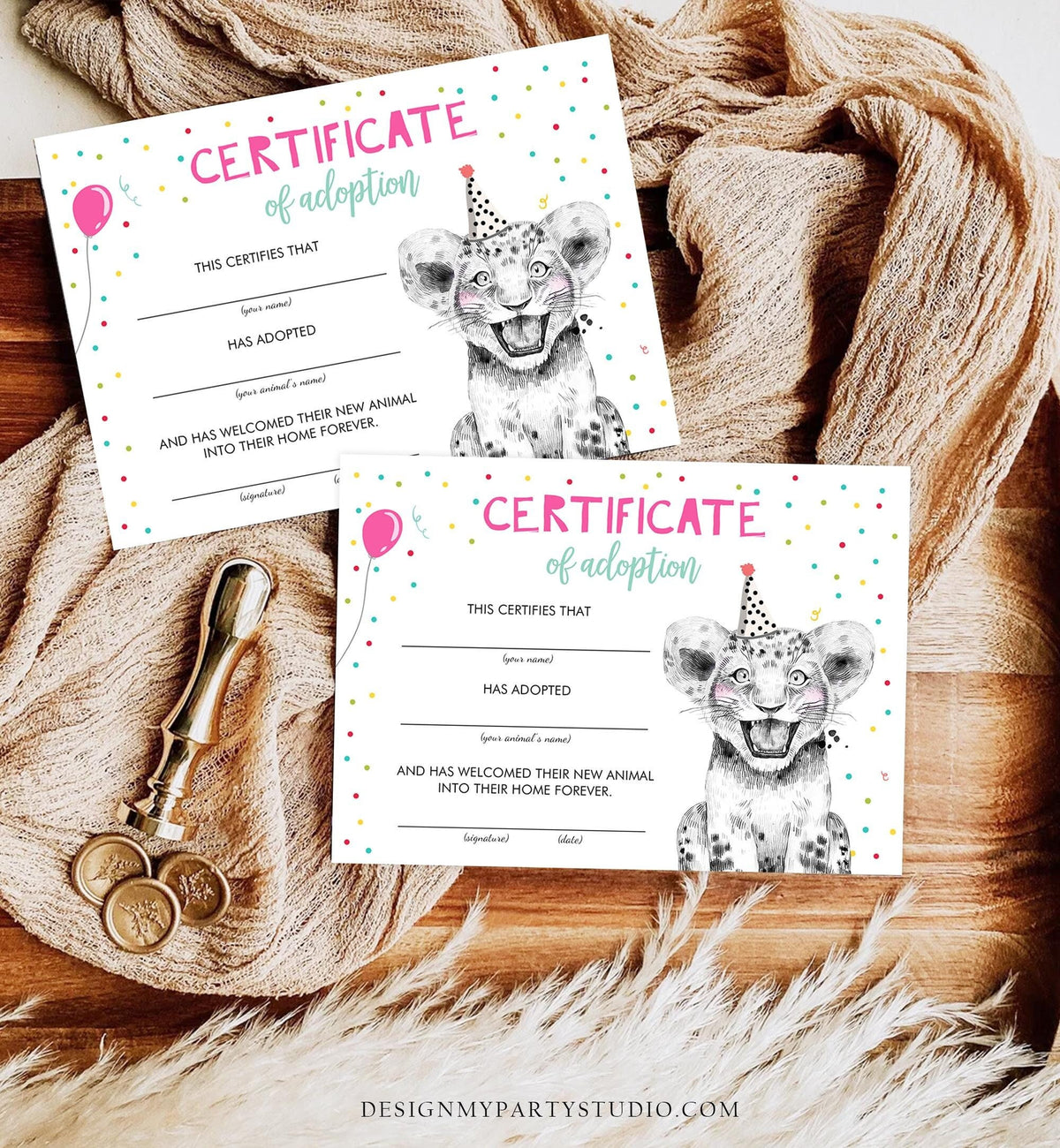 Tiger Cub Adoption Certificate Safari Animals Adopt an Animals Wild One Birthday Party Animals Birthday Girl Download Digital Printable 0390