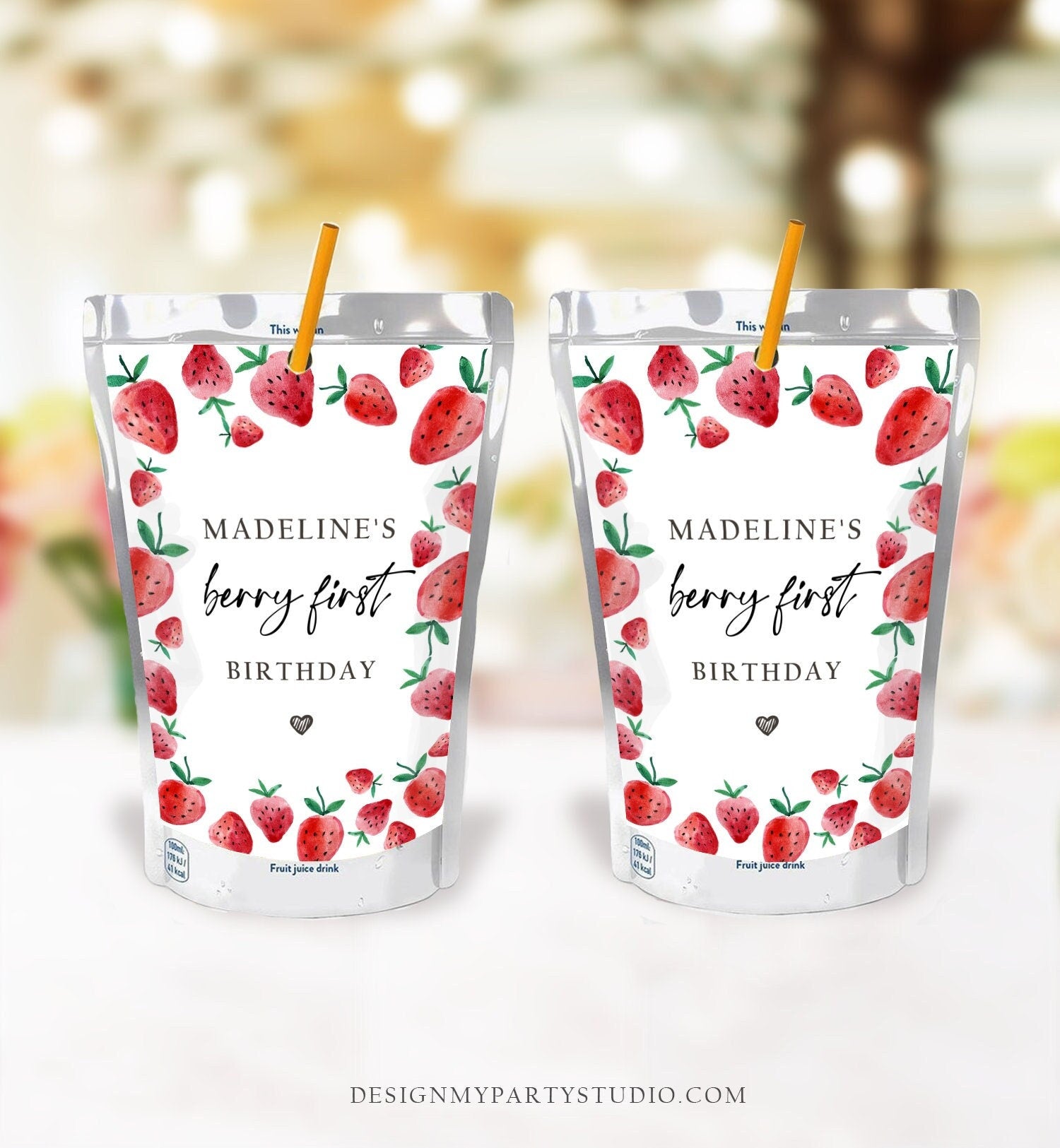 Editable Strawberry Juice Pouch Label Juice Favors Strawberry Birthday Party Girl Berry Sweet Download Digital Template Printable 0399