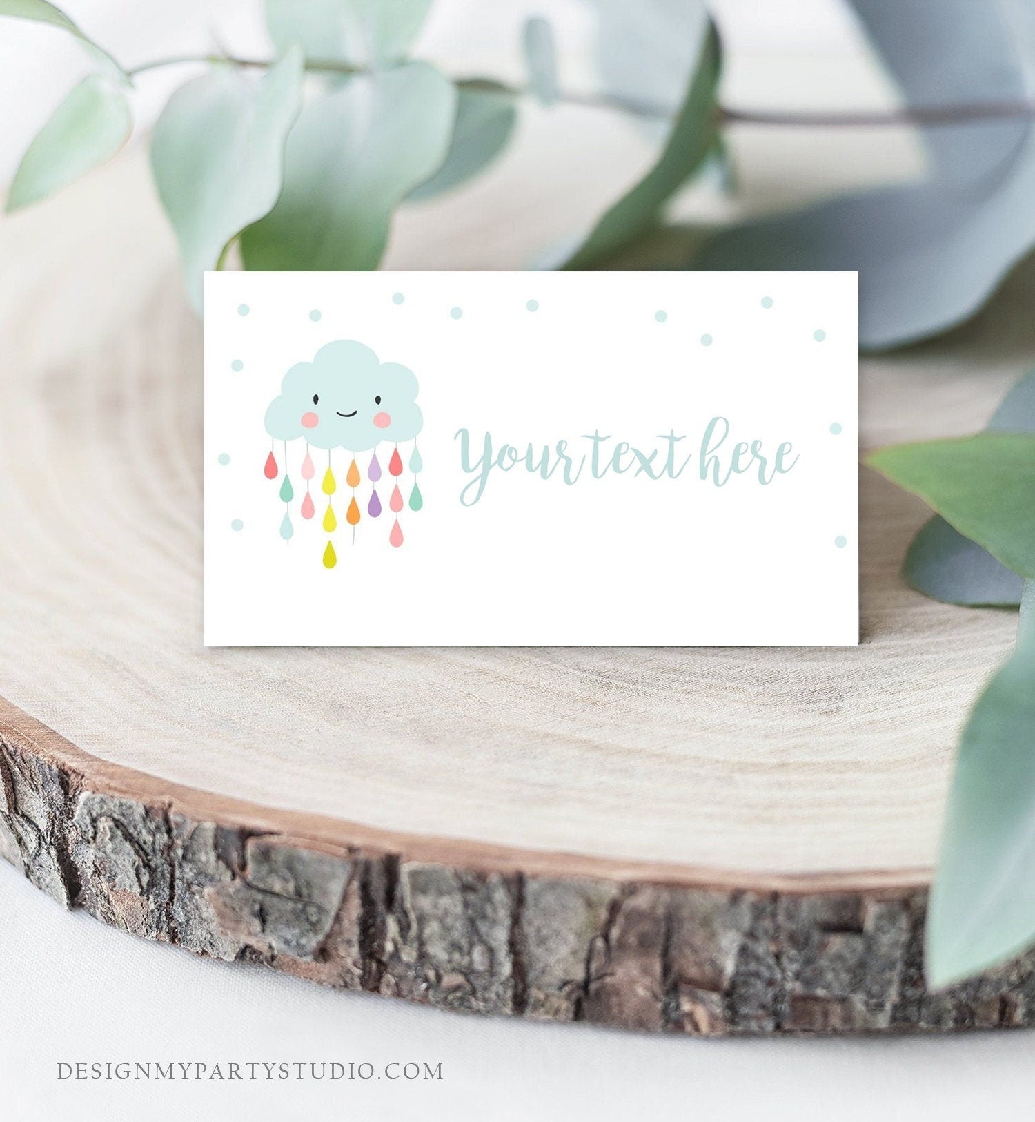 Editable Cloud Food Labels Raindrops Place Card Rain Drops Baby shower Tent Card Escort Card Baby Sprinkle Rainbow Template Printable 0036