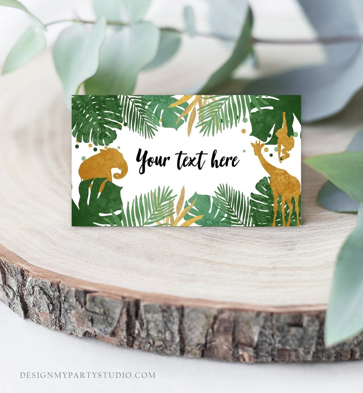 Editable Safari Animals Food Labels Wild One Place Tent Card Escort Card Black Gold Boy Jungle Birthday Zoo Animals Template Printable 0016