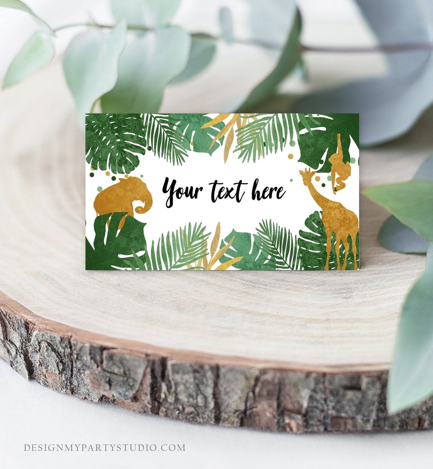 Editable Safari Animals Food Labels Wild One Place Tent Card Escort Card Black Gold Boy Jungle Birthday Zoo Animals Template Printable 0016