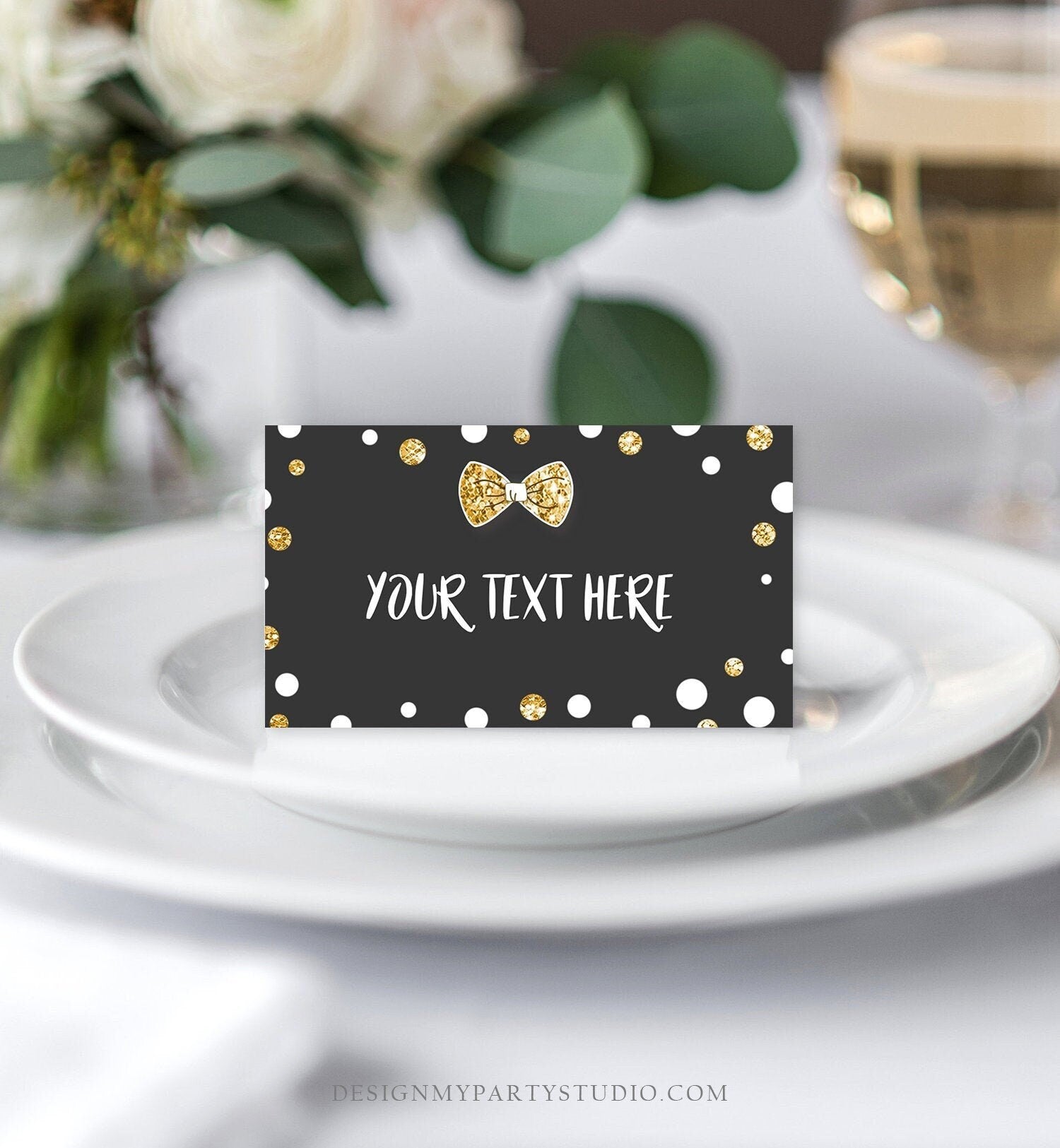 Editable Mr Onederful Food Labels Boy First Birthday Place Card Black and Gold Bowtie Tent Card Escort Card Digital Template Printable 0072